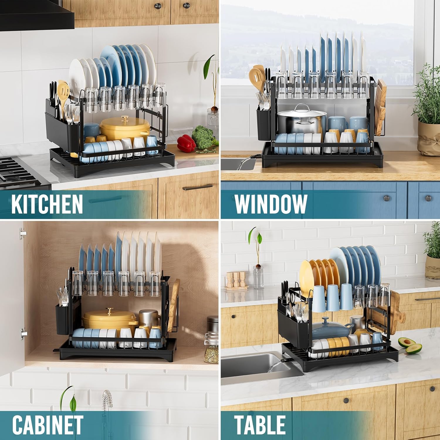 TAILI Escurridor de platos para encimera de cocina con escurridor, escurridor grande de 2 niveles y escurridor con soporte para cubiertos