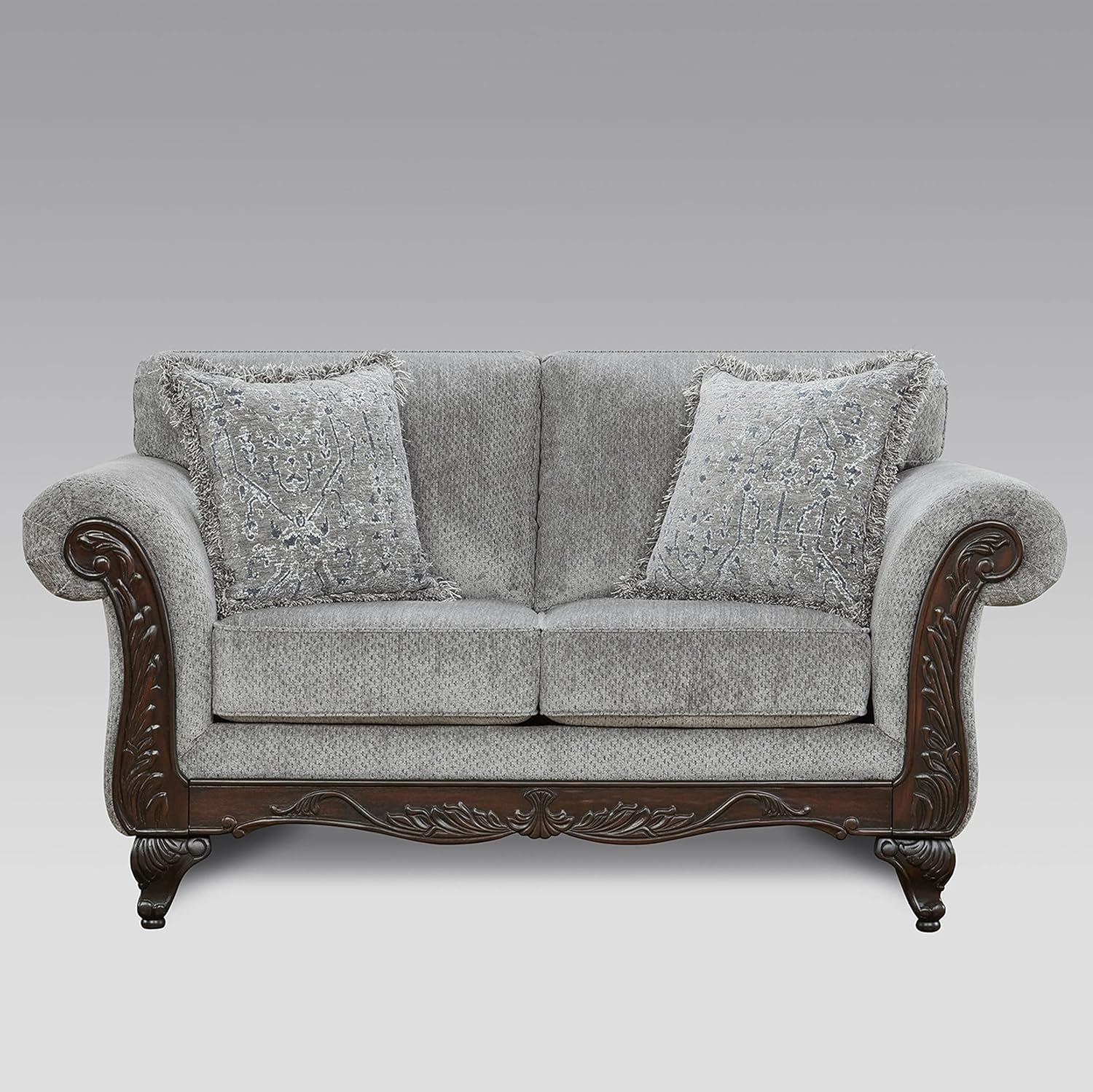 Roundhill Furniture Hernen – Juego de sofá y sofá biplaza con marco de madera tallada, color gris