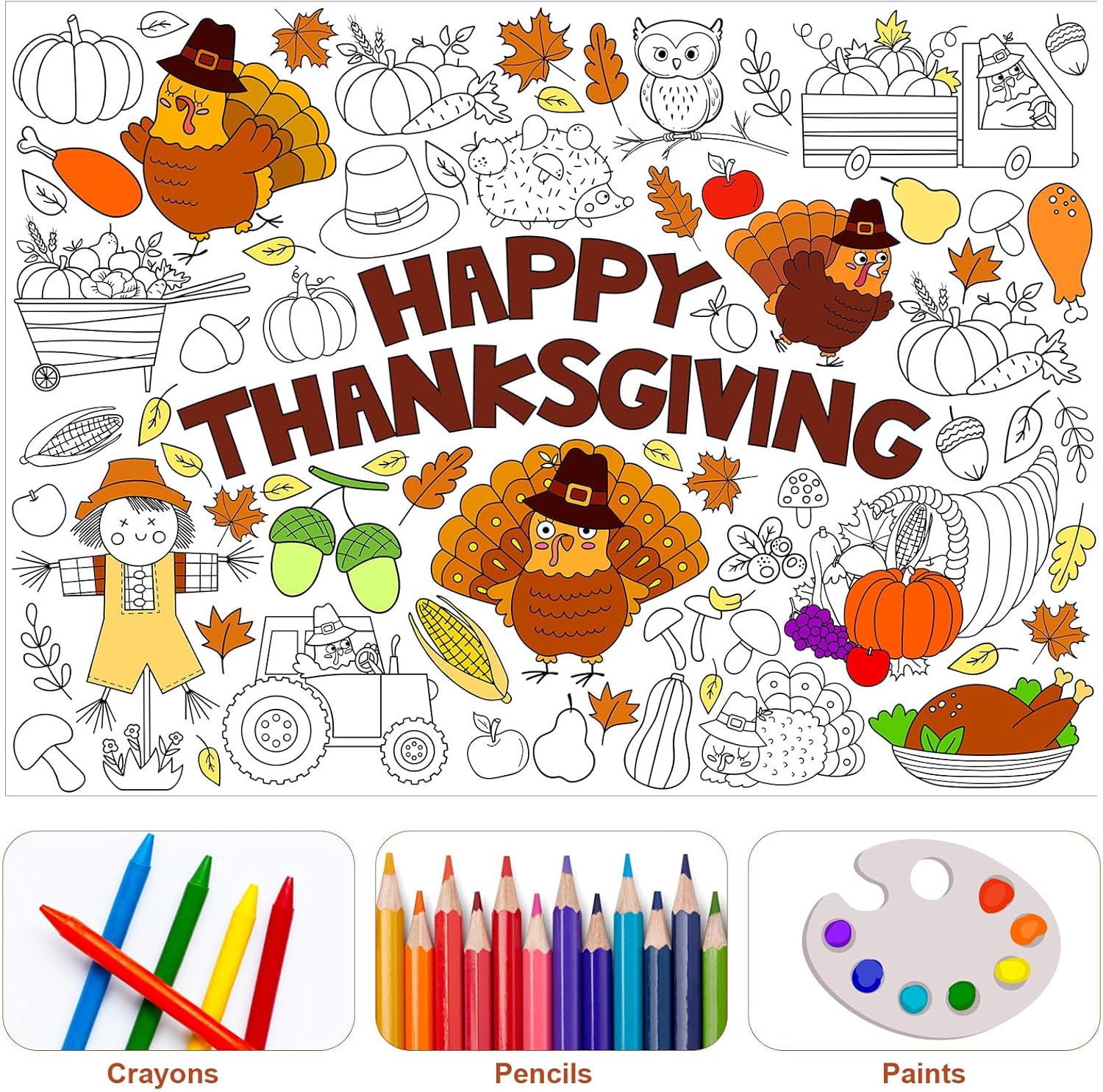 Póster gigante para colorear de Acción de Gracias con 6 crayones apilables, juego de recuerdos de fiesta de Acción de Gracias de calabaza grande,