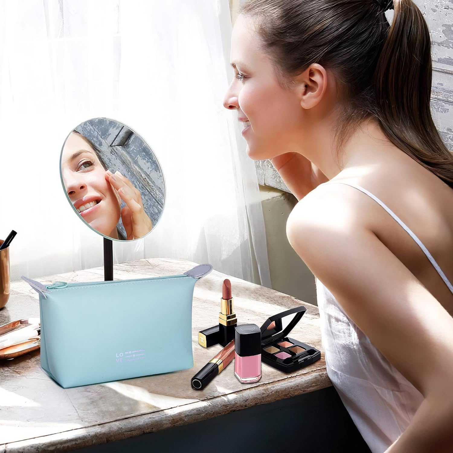 SELLYFELLY Pequeña bolsa de maquillaje para mujer, bolsa de maquillaje impermeable con cremallera, bolsa organizadora de maquillaje portátil, Azul,