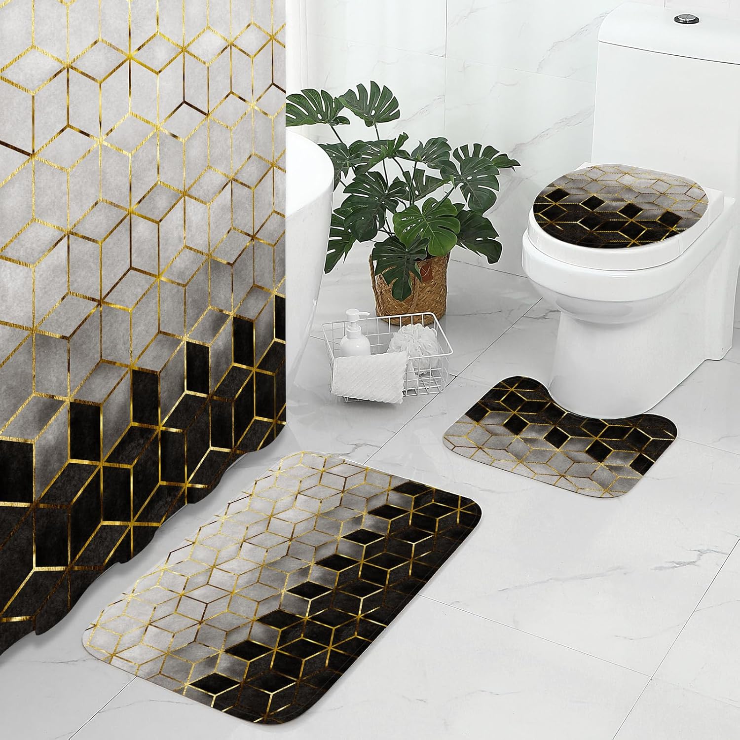 Gibelle Juego de 4 cortinas de ducha de baño con alfombras antideslizantes, cubierta para tapa de inodoro y tapete de baño, líneas cúbicas doradas