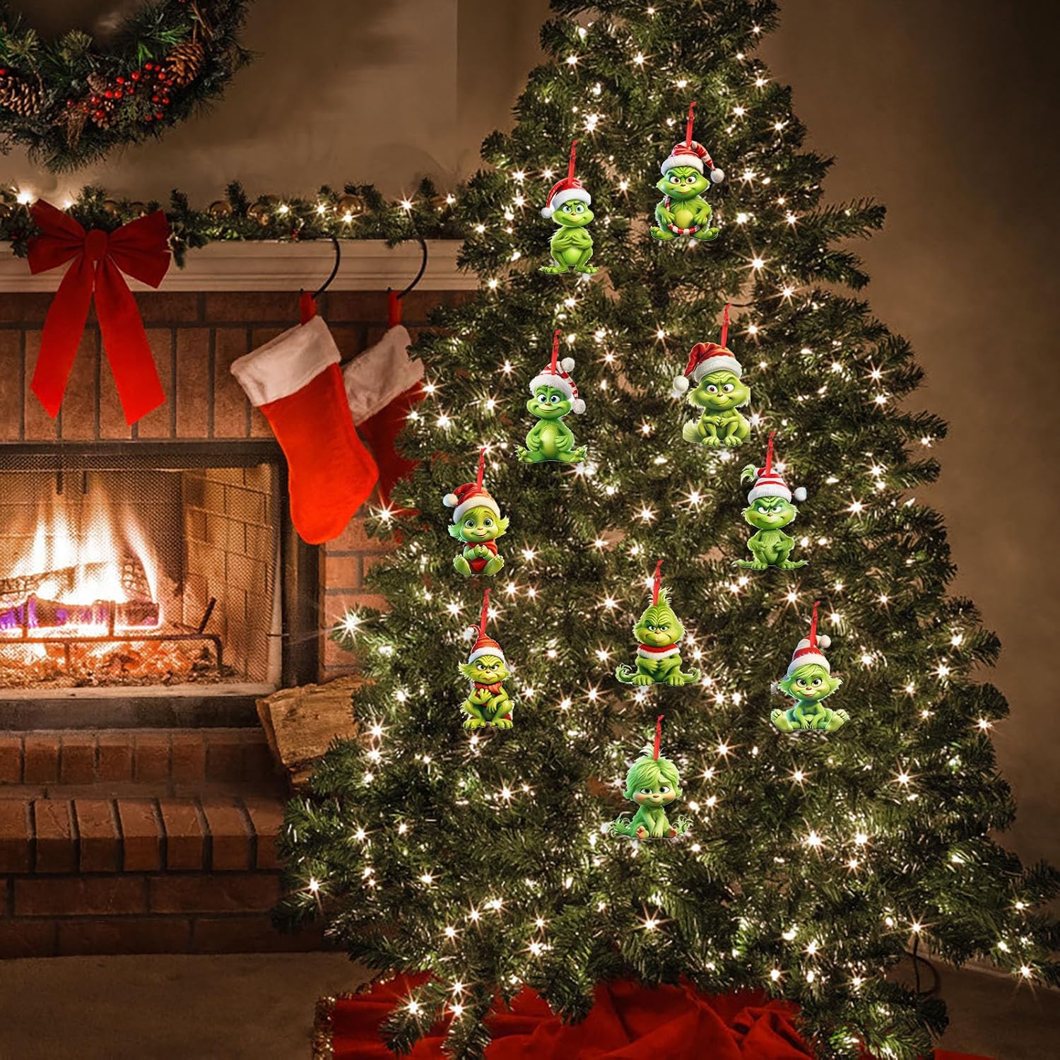 Adornos colgantes de madera de monstruo verde de Navidad, adorno colgante de acrílico verde navideño para decoración de árbol de Navidad, decoración