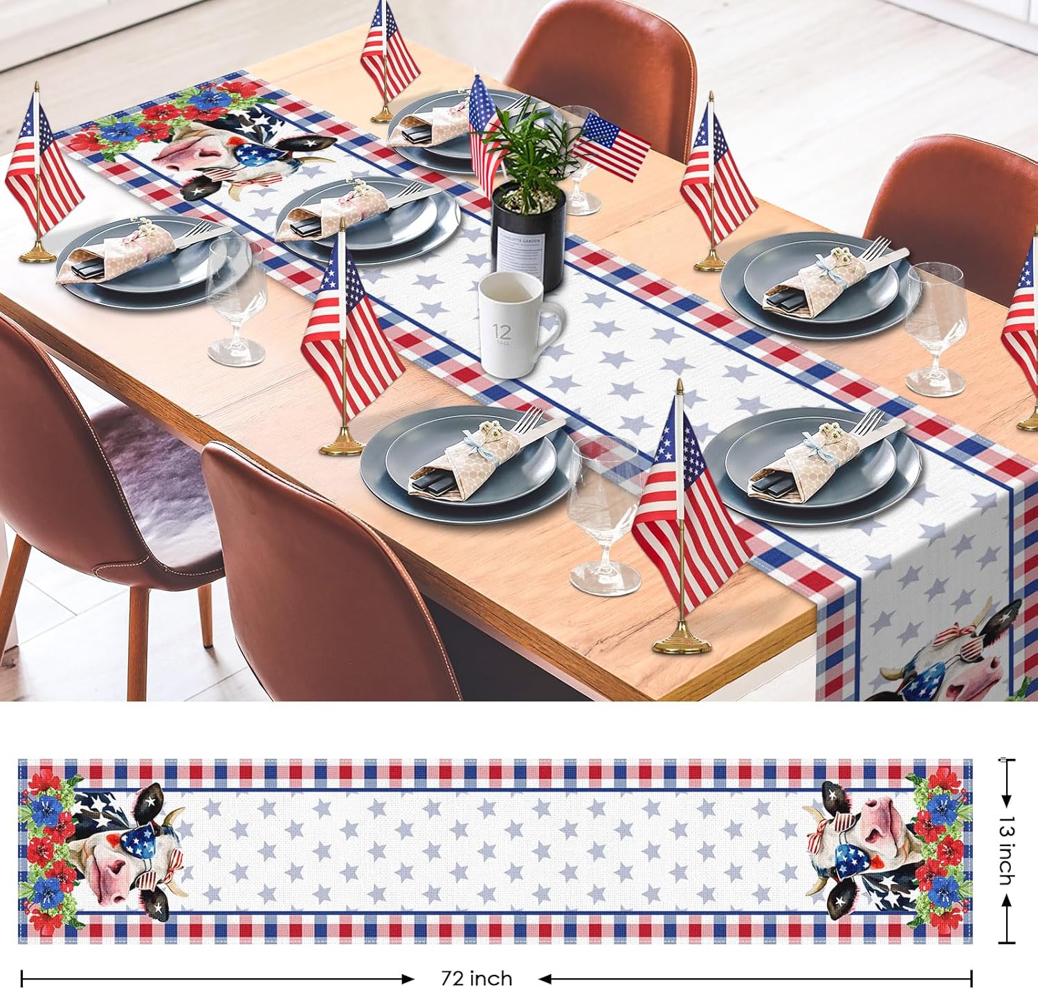 Camino de mesa del 4 de julio, Día de la Independencia, linda vaca, floral, rojo y azul, decoración para mesa de cocina, cenas familiares, fiestas
