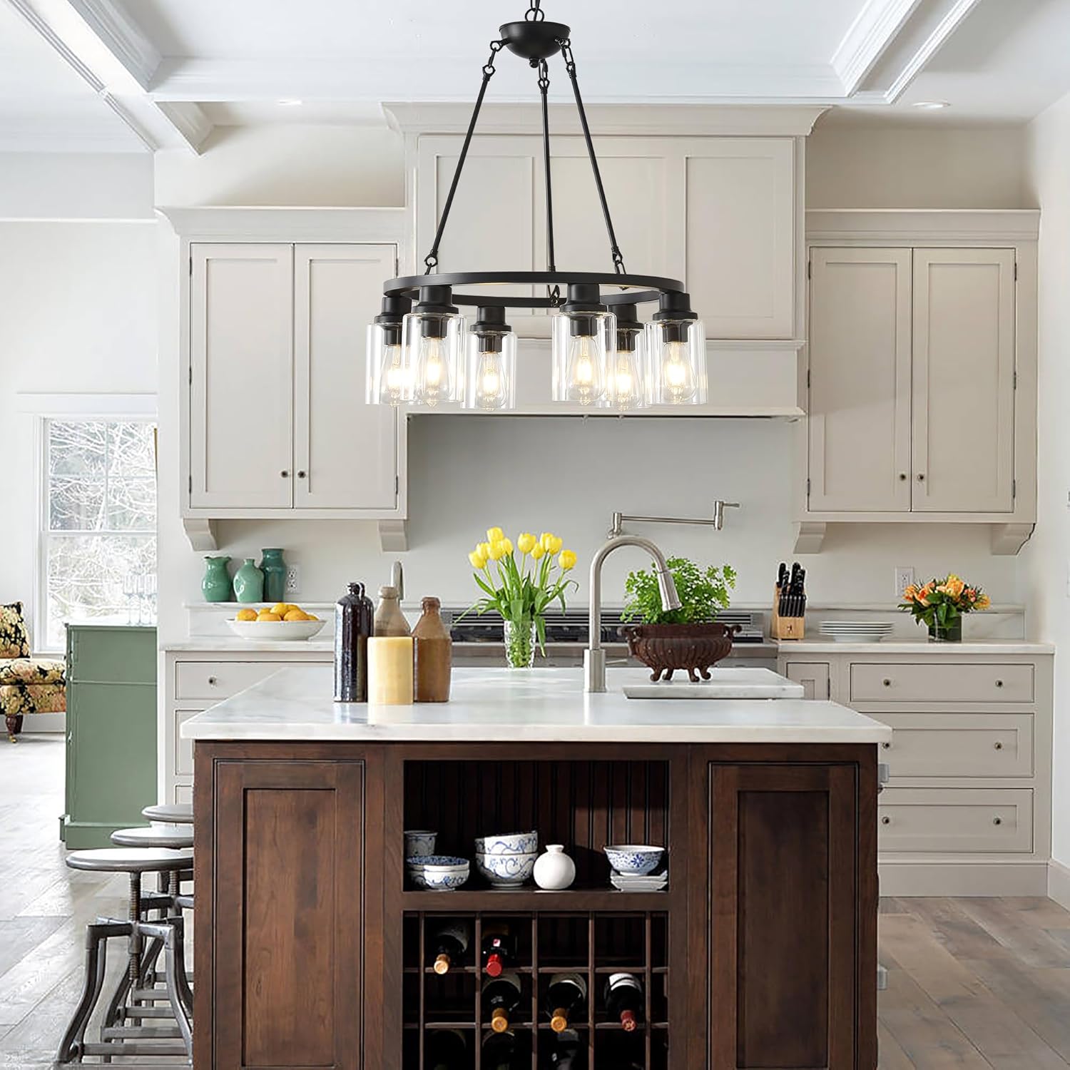 Candelabro negro de 24 pulgadas, 6 luces colgantes de cristal estilo casa de campo, isla de cocina, accesorios de iluminación colgantes redondos