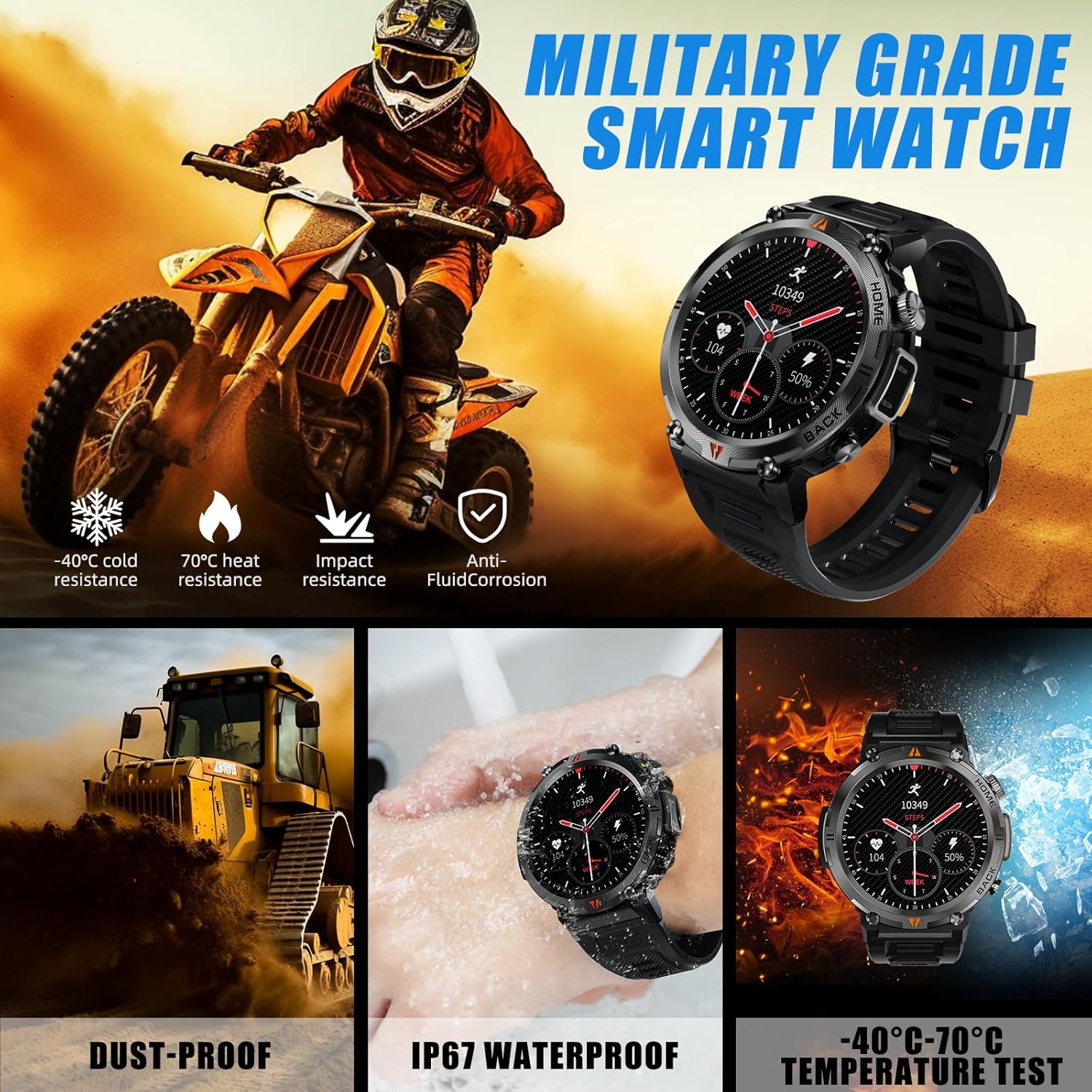 Relojes inteligentes militares para hombres con linterna LED, reloj inteligente táctico resistente al aire libre con pantalla táctil HD de 1.45
