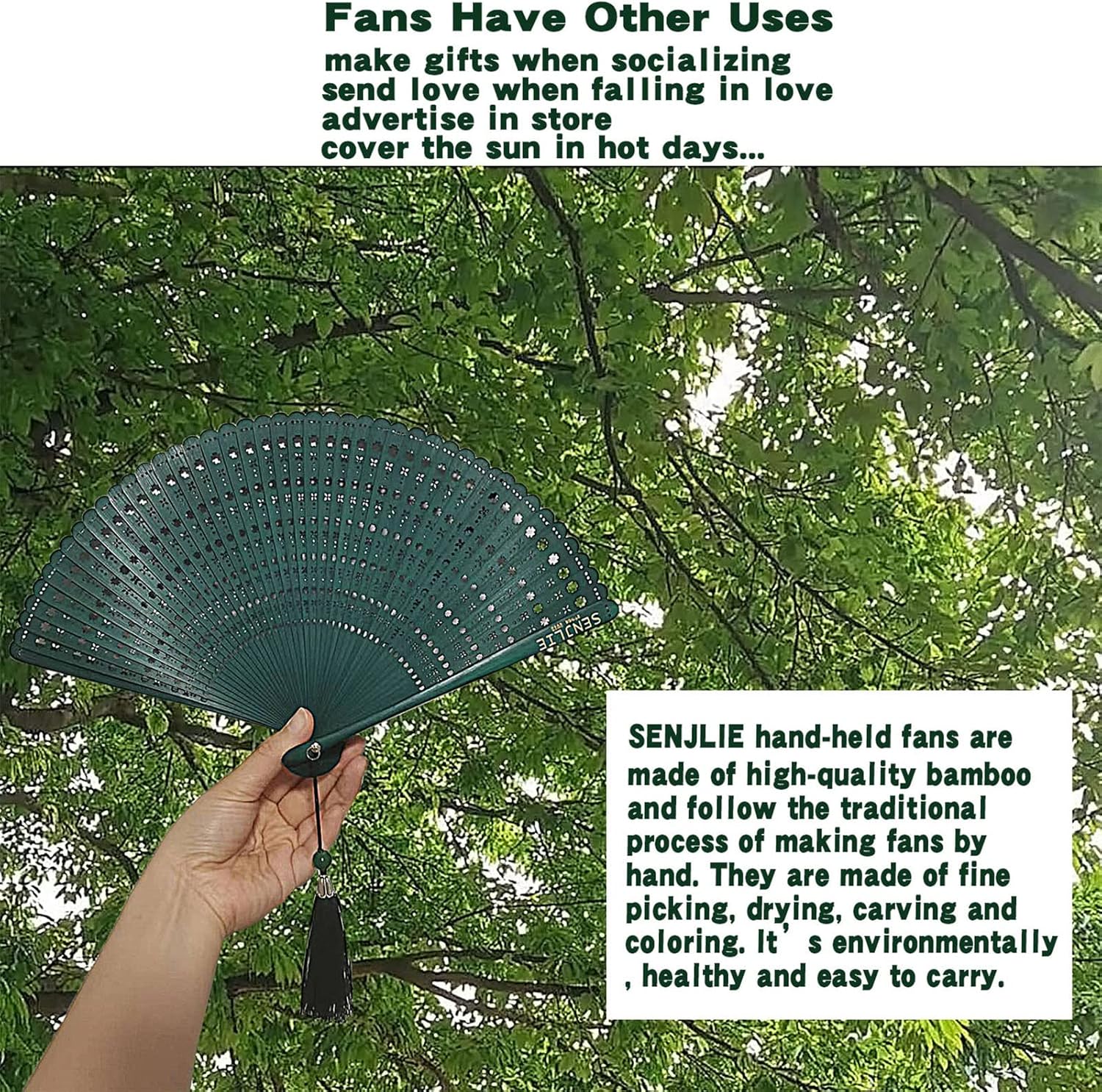 SENJLIE – Original hecho a mano chinojaponés hecho a mano bambú estilo vintage ventilador de mano plegable con una bolsa, regalo oriental para