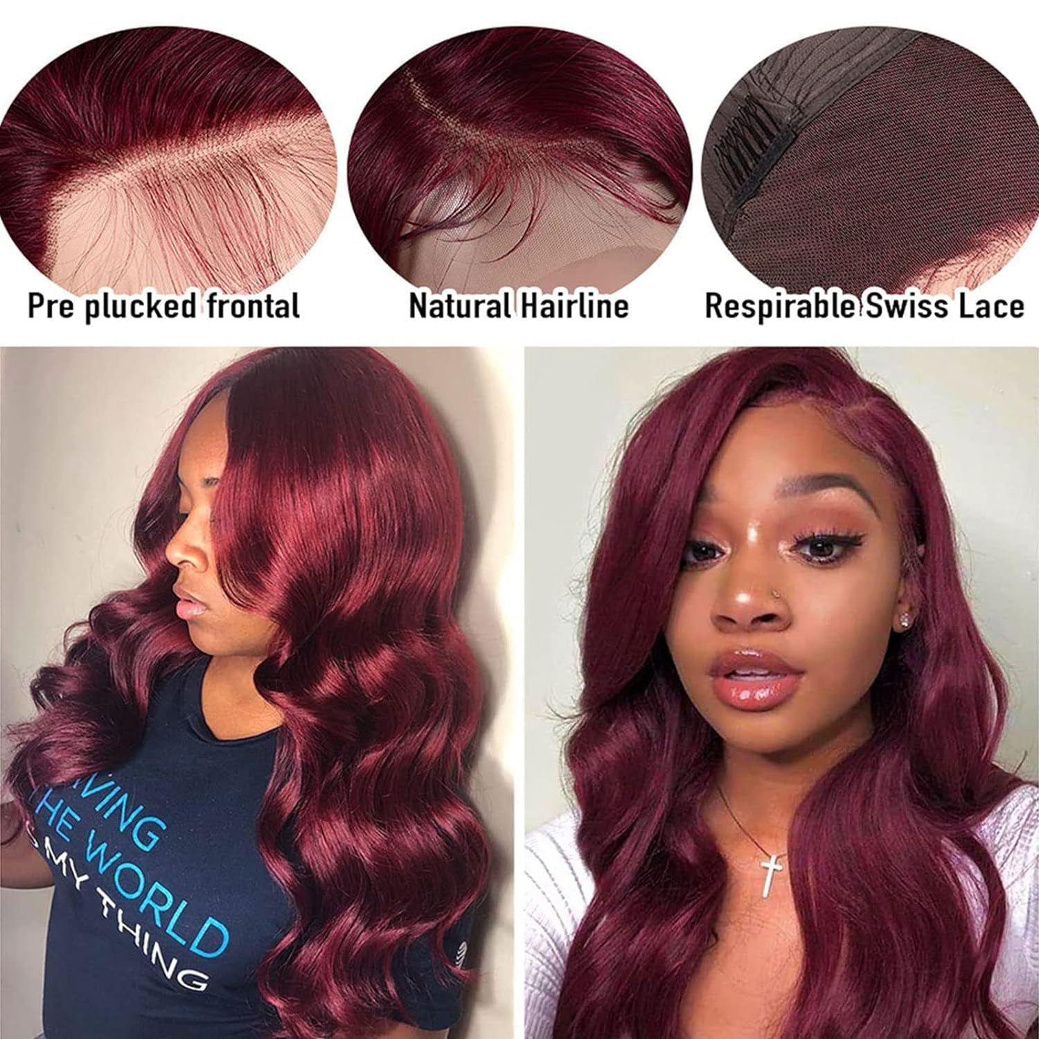 Aaliweya Pelucas de cabello humano con encaje frontal color borgoña 99j de 34 pulgadas, 13×4, sin pegamento, color rojo vino, pelucas con encaje