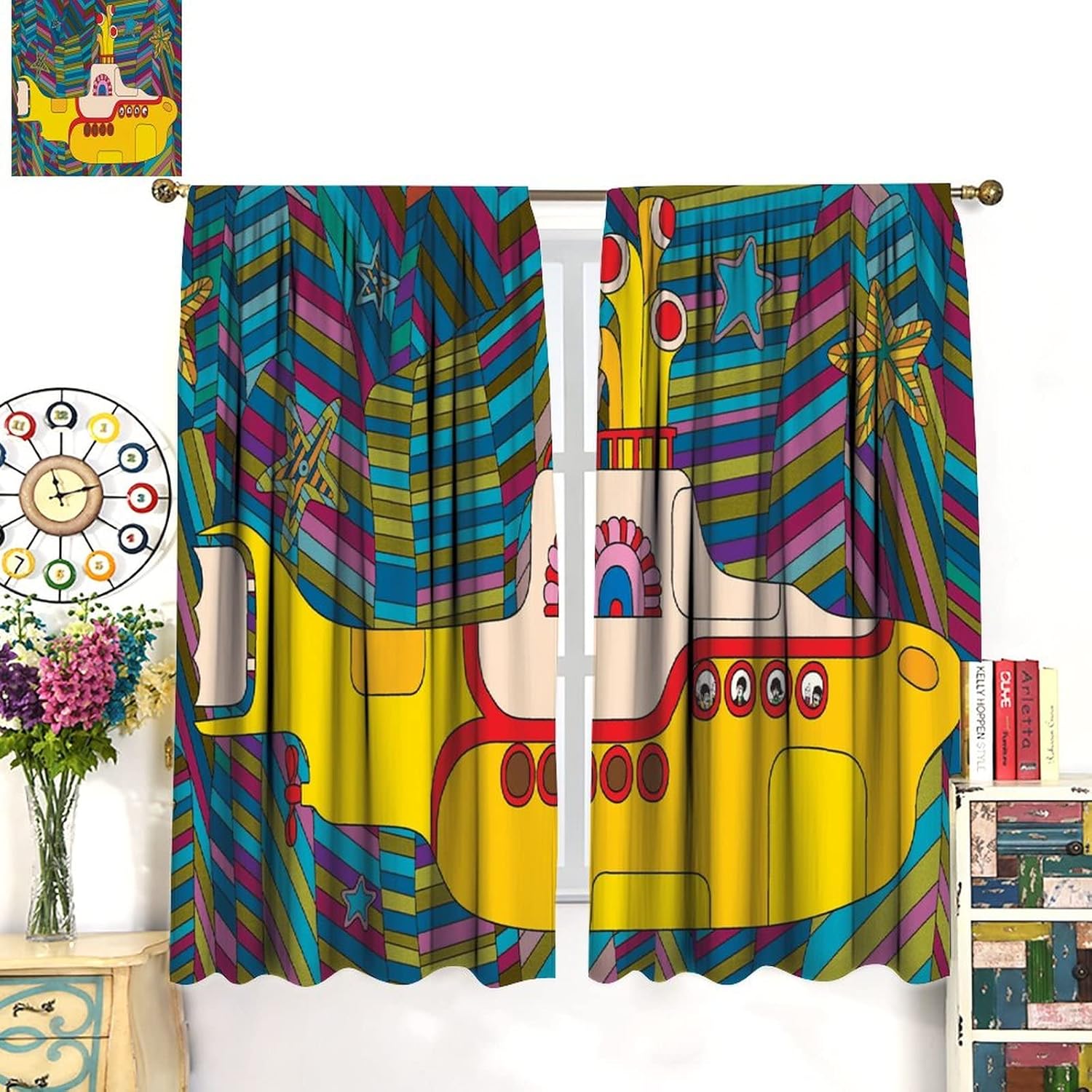 Cortina de decoración artística divertida de submarino amarillo, tela de poliéster impermeable, diseño de cortina de dormitorio, 2 paneles de 42