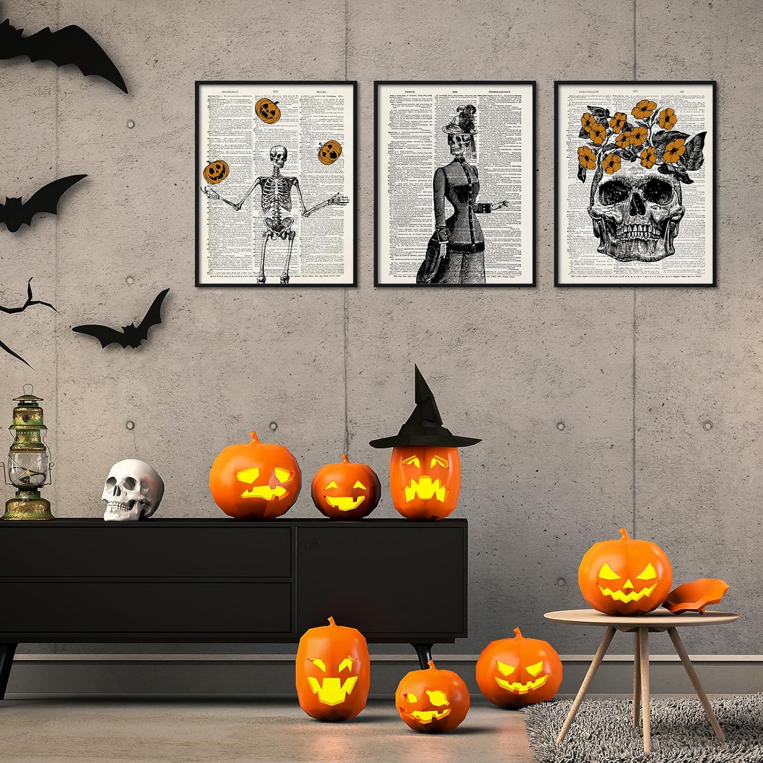 Whaline 6 impresiones artísticas de esqueleto de Halloween de 11 x 14 pulgadas, espeluznante arte gótico para pared, póster de Murciélago Bruja,