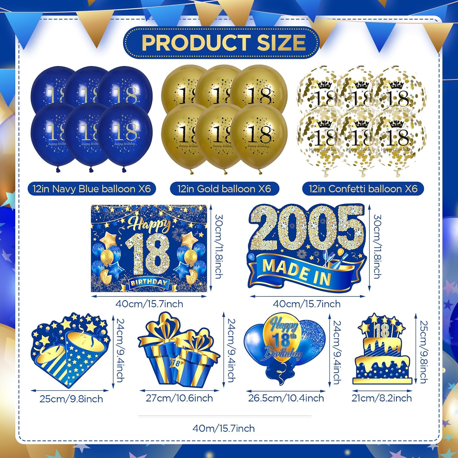 Decoraciones azules de cumpleaños número 18 para niños y niñas, 6 unidades, azul marino, dorado, feliz cumpleaños 18 con estacas y 18 globos de
