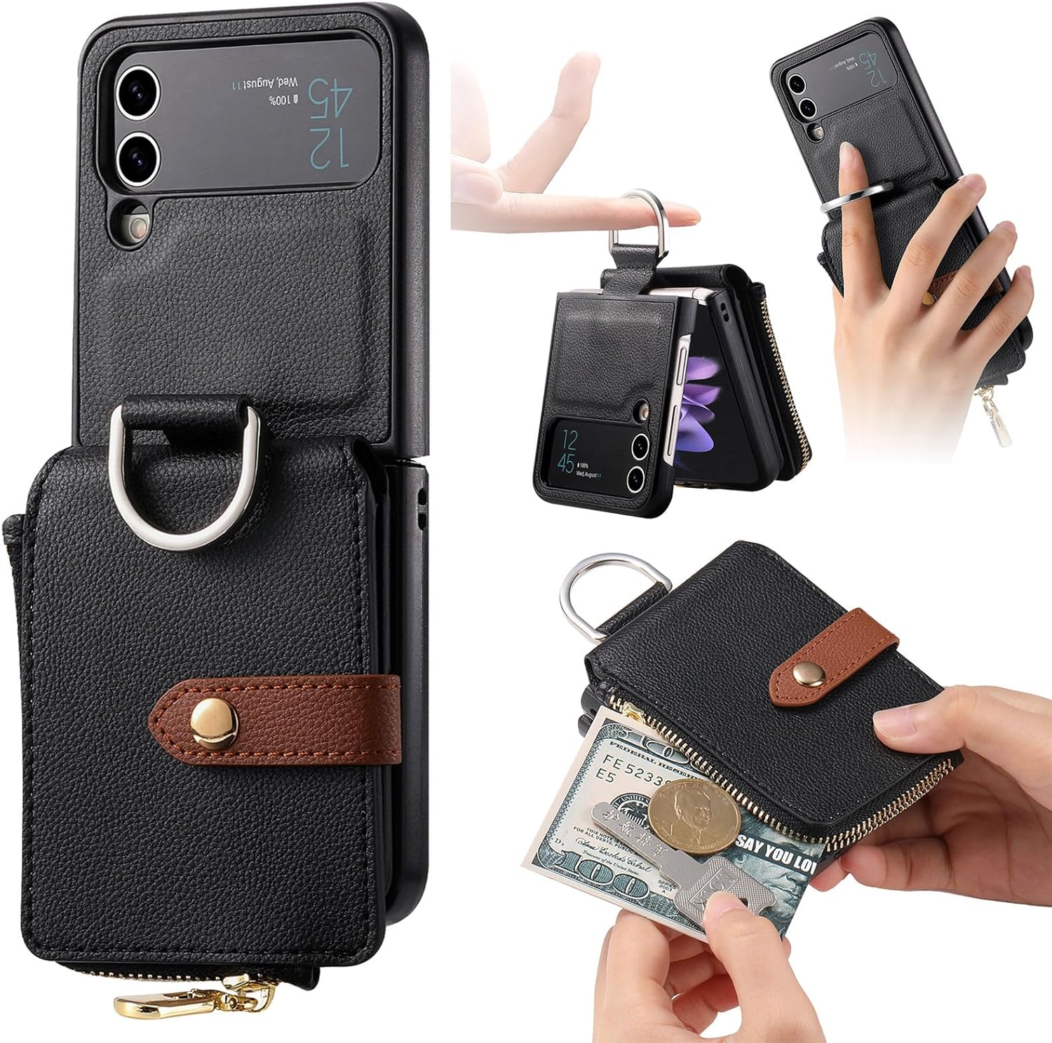 Asuwish Compatible con Samsung Galaxy Z Flip 4 5G 2022 – Funda tipo cartera y ranura para tarjetas, anillo con cierre magnético, a prueba de golpes,