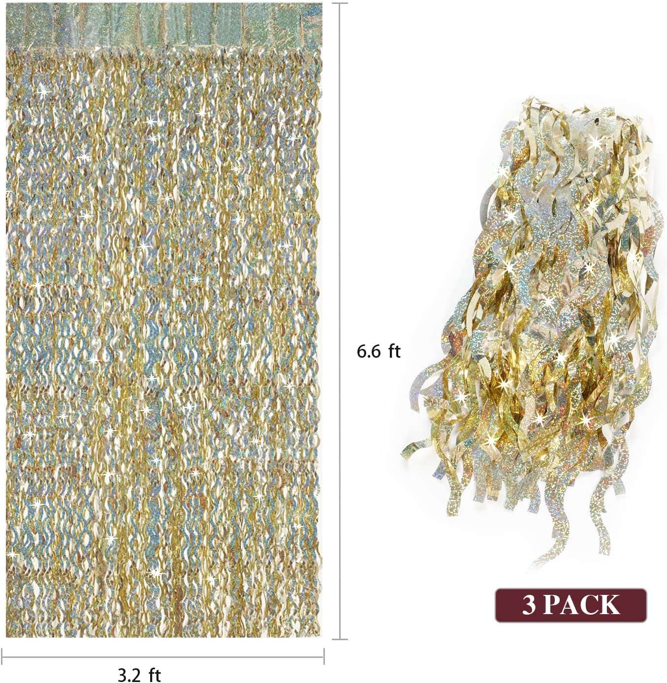 Telón de fondo de flecos de papel de aluminio dorado champán, paquete de 3 cortinas de fondo de 3.3 pies x 6.6 pies para decoración de fiesta de