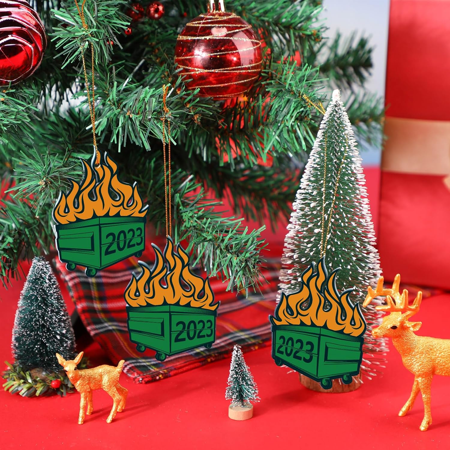 9 piezas de adornos de basurero de Navidad para árbol de Navidad, decoraciones colgantes de doble cara de Navidad con cuerdas doradas