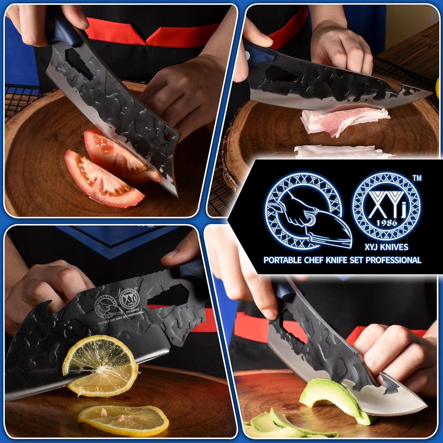 XYJ Juego de cuchillos de chef portátil profesional, cuchillo de chef de espiga completa para exteriores, juego de 6 piezas de cuchillos de cocina