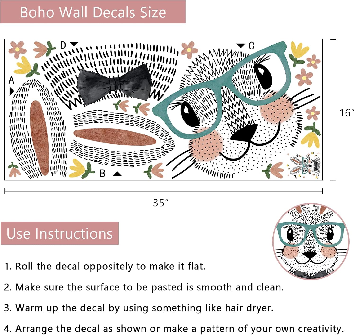 Yovkky Calcomanías de pared de conejo de dibujos animados, lindo conejito con anteojos, flores, guardería, habitación de niños, decoración