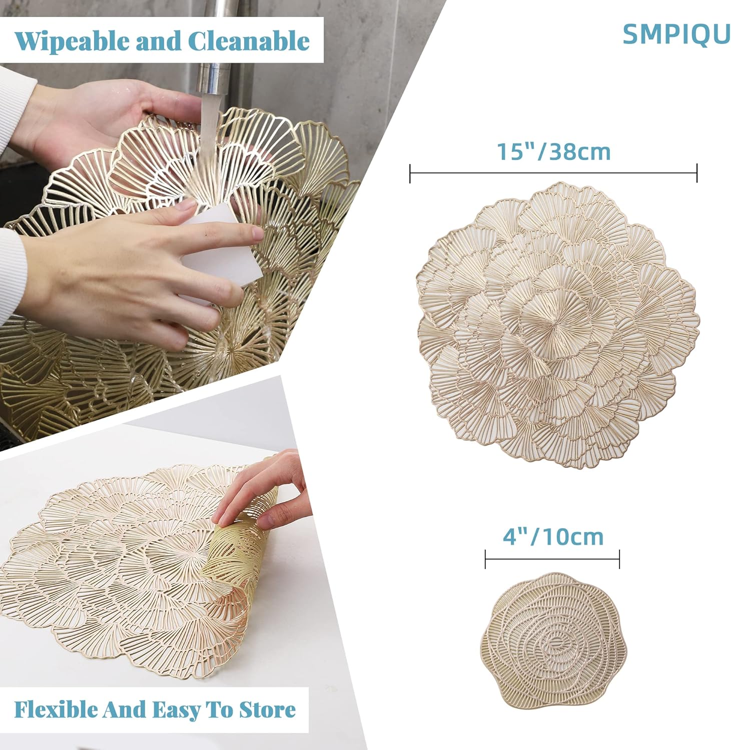 Juego de 12 manteles individuales y posavasos, manteles individuales redondos de vinilo prensado metálicos para mesa de comedor (flor, dorado)