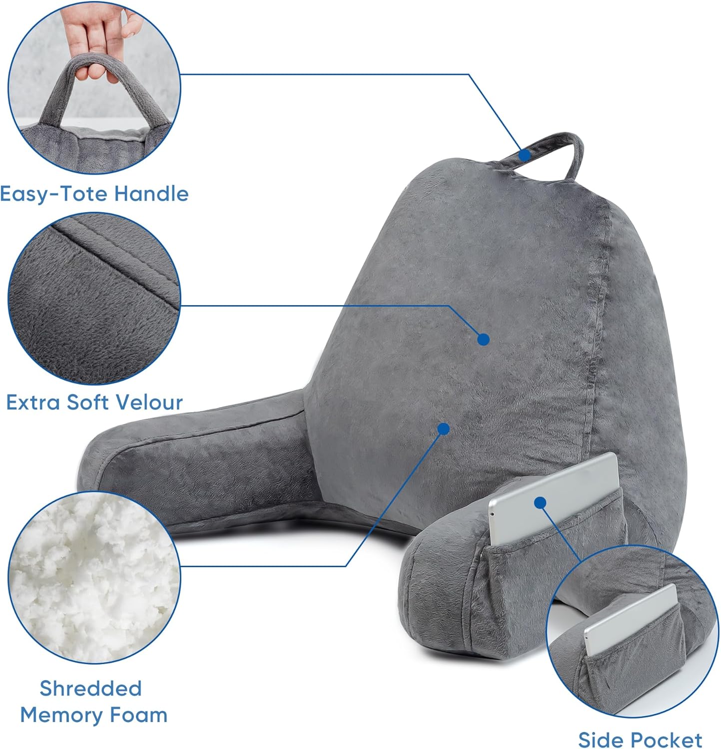 Almohada de lectura para sentarse en la cama, adultos y niños, tamaño estándar con brazos y bolsillo lateral, relleno de espuma viscoelástica,