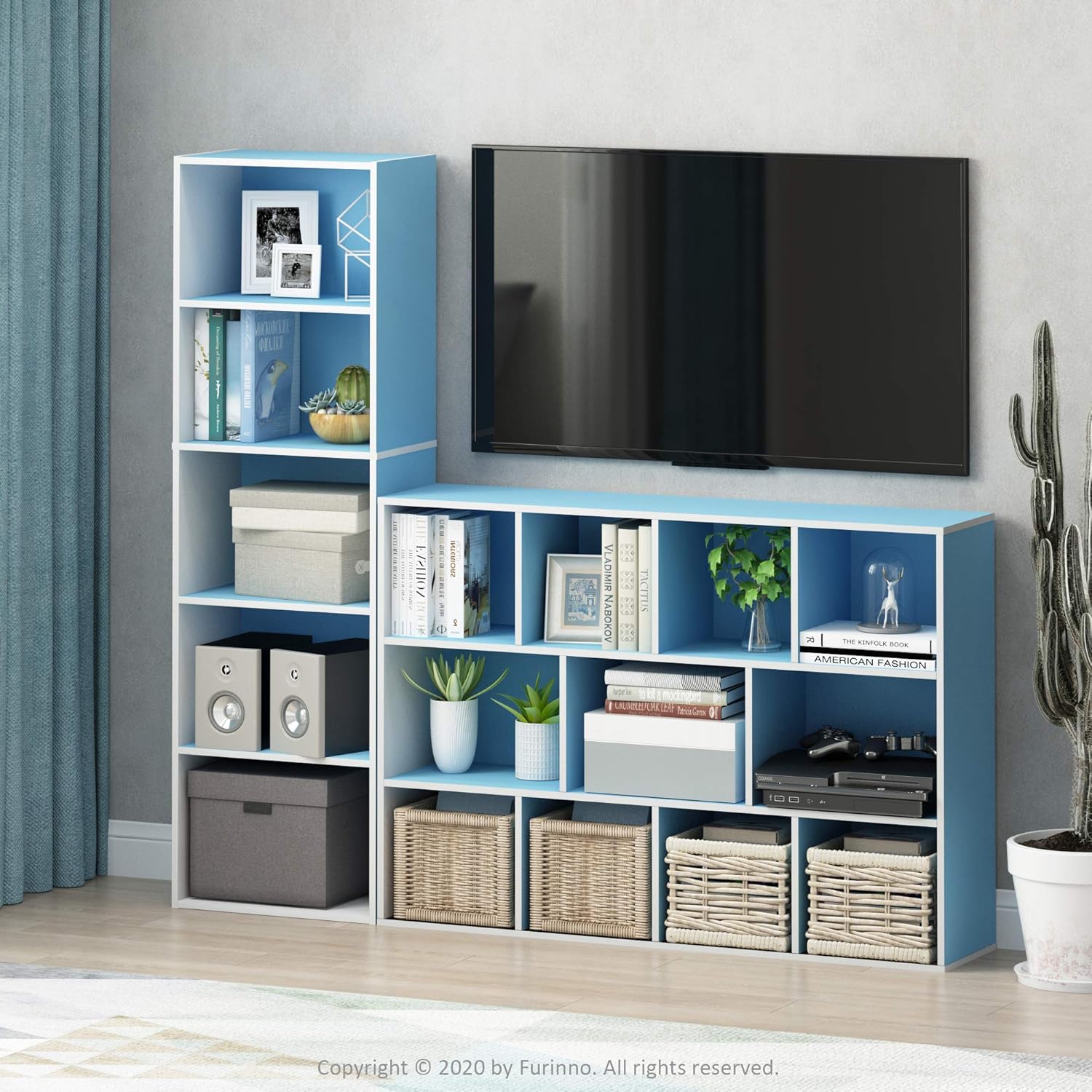 Furinno Luder – Estantería para libros, 11 cubos, color blanco y celeste