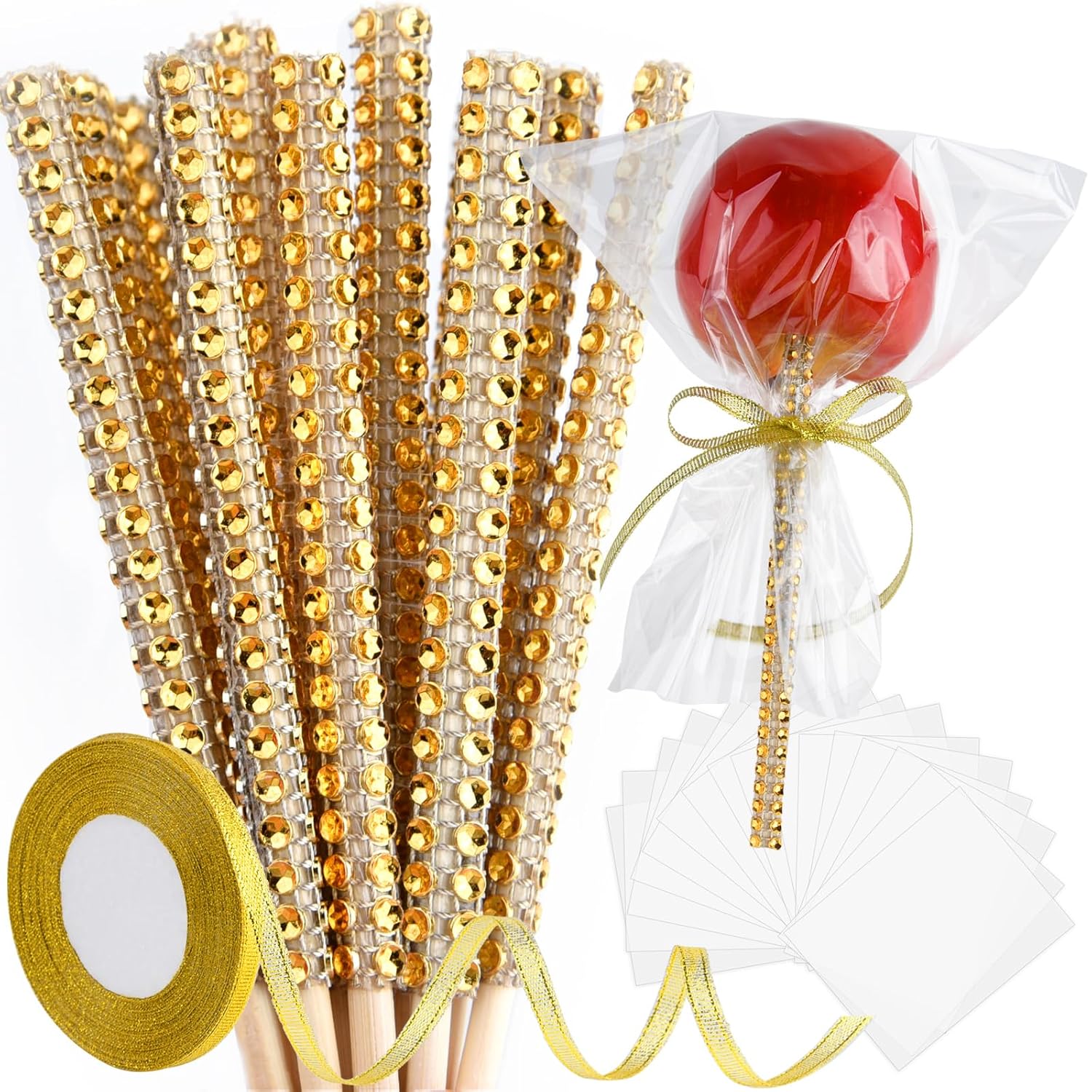 ASTARON Paquete de 24 palitos y bolsas de manzana con purpurina, kit de manzana de caramelo que incluye palito de manzana de caramelo, cinta y