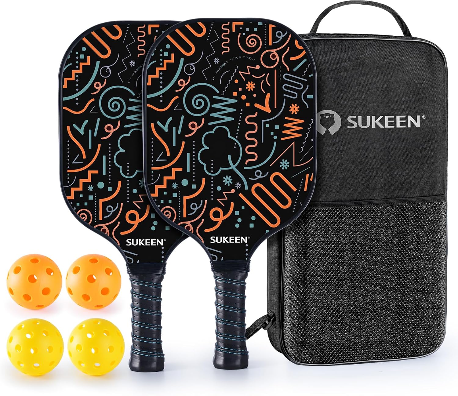 Sukeen Paletas de pickleball, juego de 2 piezas de pickleball de fibra de vidrio, núcleo de nido de abeja de polipropileno, agarre acolchado, juego