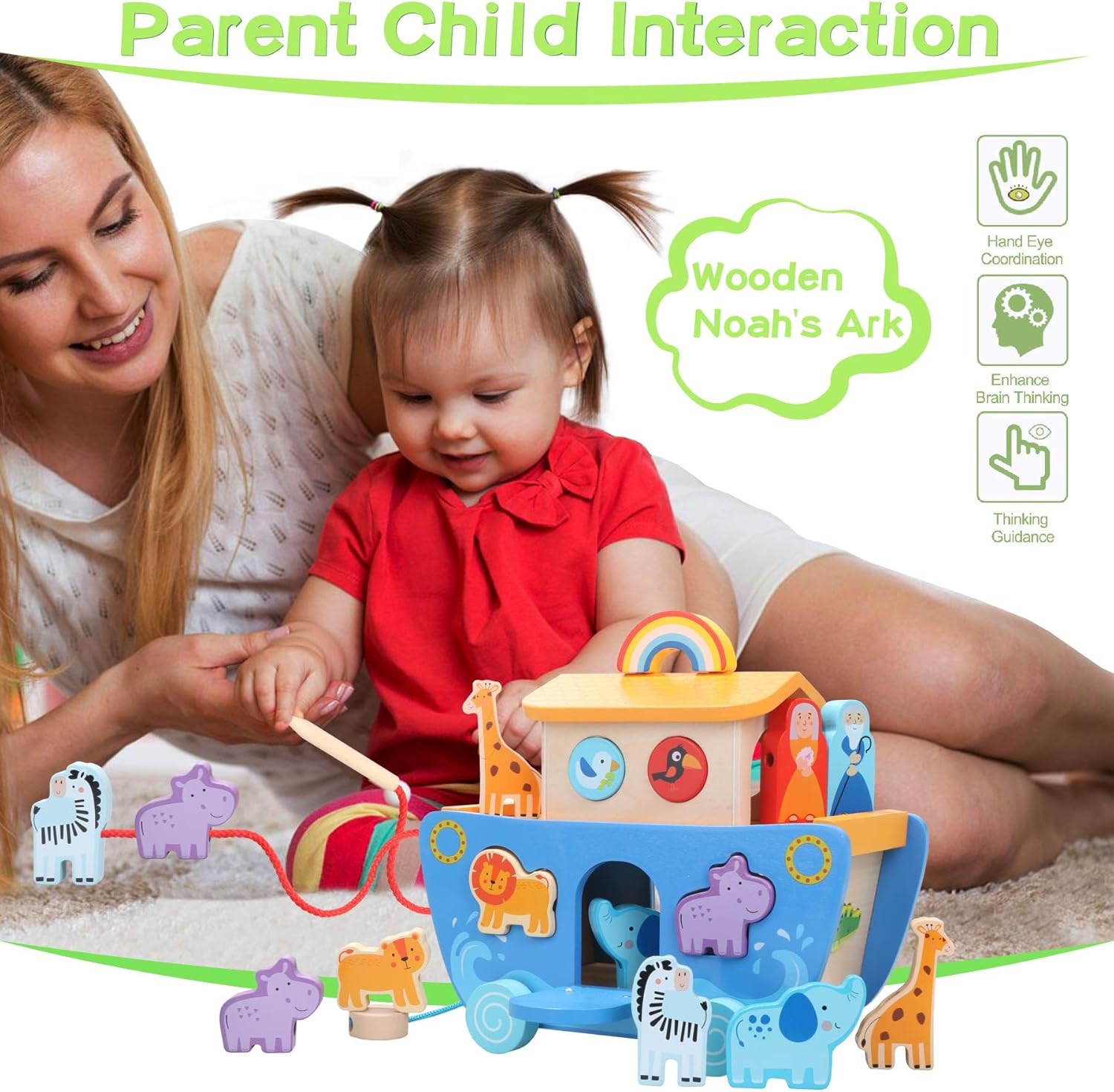 Tooysea Juguete de madera del arca de Noé con clasificador de formas de animales, regalos de bautismo para 1, 2, 3, 4 años, juguetes Montessori para