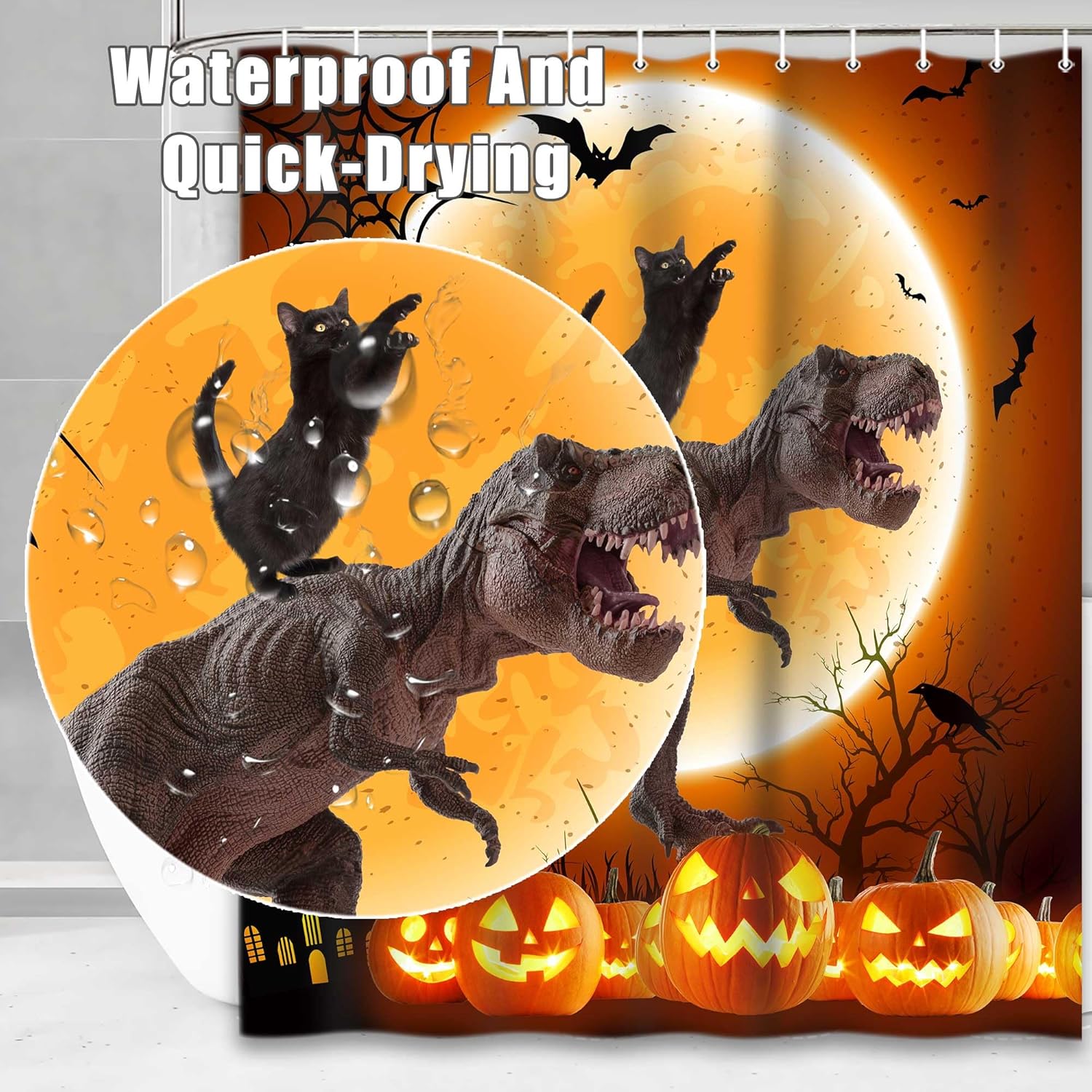 Cortina de ducha de gato de Halloween, divertido juego de cortina de ducha de dinosaurio para niños con temática de gato negro, diseño de decoración
