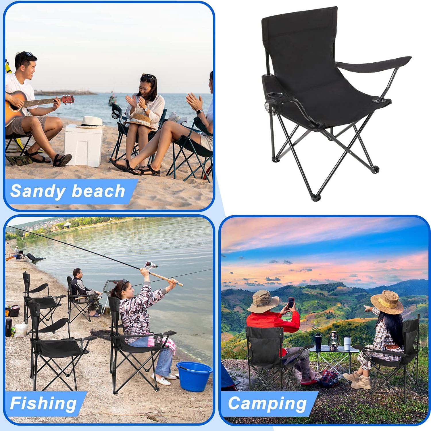 Paquete de 2 sillas plegables de gran tamaño para campamento, sillas de césped resistentes con bolsa de transporte, portavasos, sillas plegables