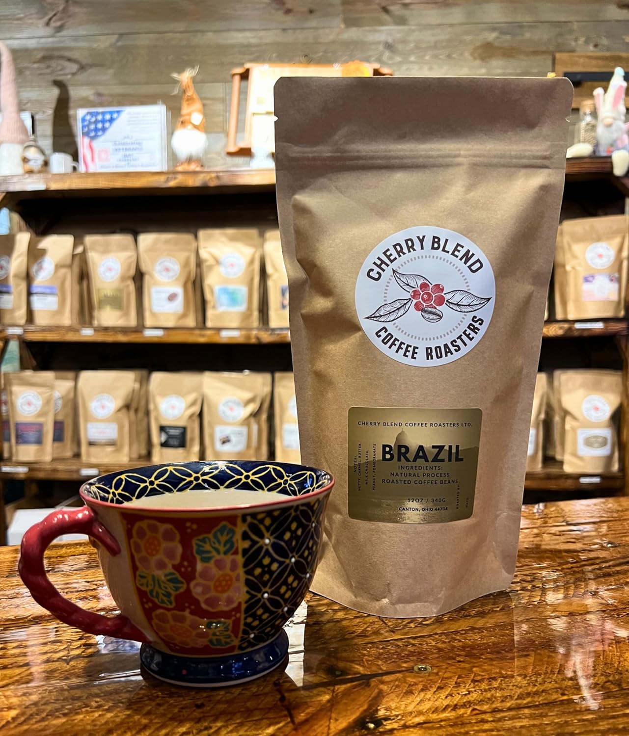 Cherry Blend Coffee Roasters Café de grano entero Brasil, tostado oscuro, 100% arábica, baja acidez, 12 onzas
