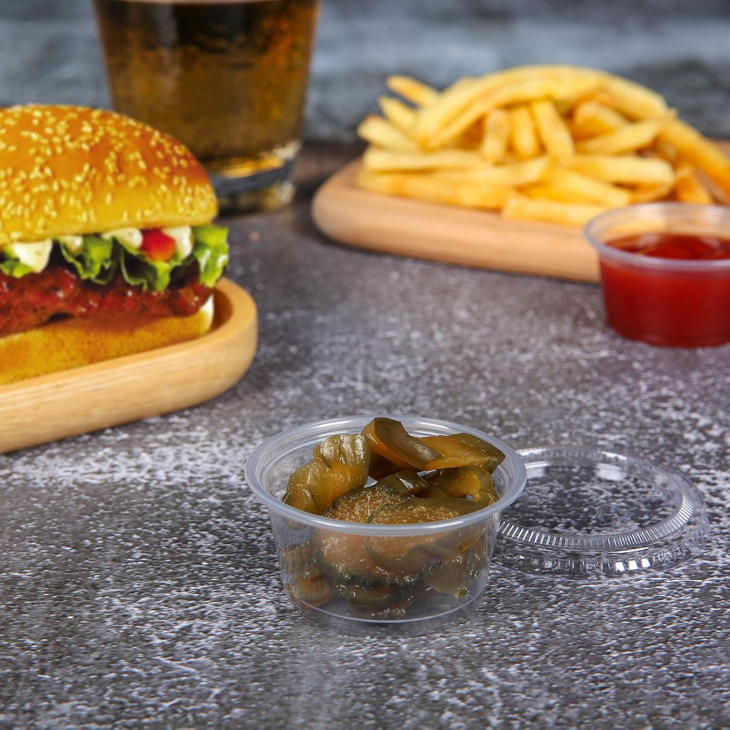 FULING Vasos desechables de plástico para porciones con tapas, tazas de soufflé, vasos de gelatina, recipientes de preparación de comidas 200 juegos