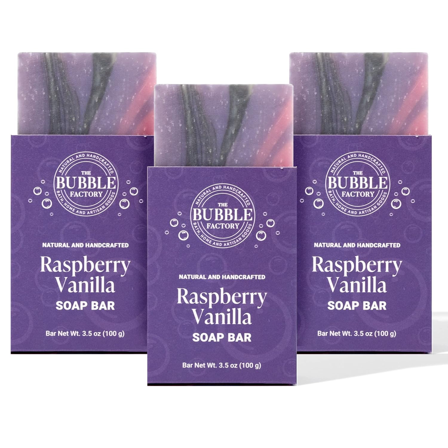 The Bubble Factory Frambuesa vainilla – Hecho a mano en los Estados Unidos, sin aceite de palma, jabón en barra totalmente natural, 3 barras