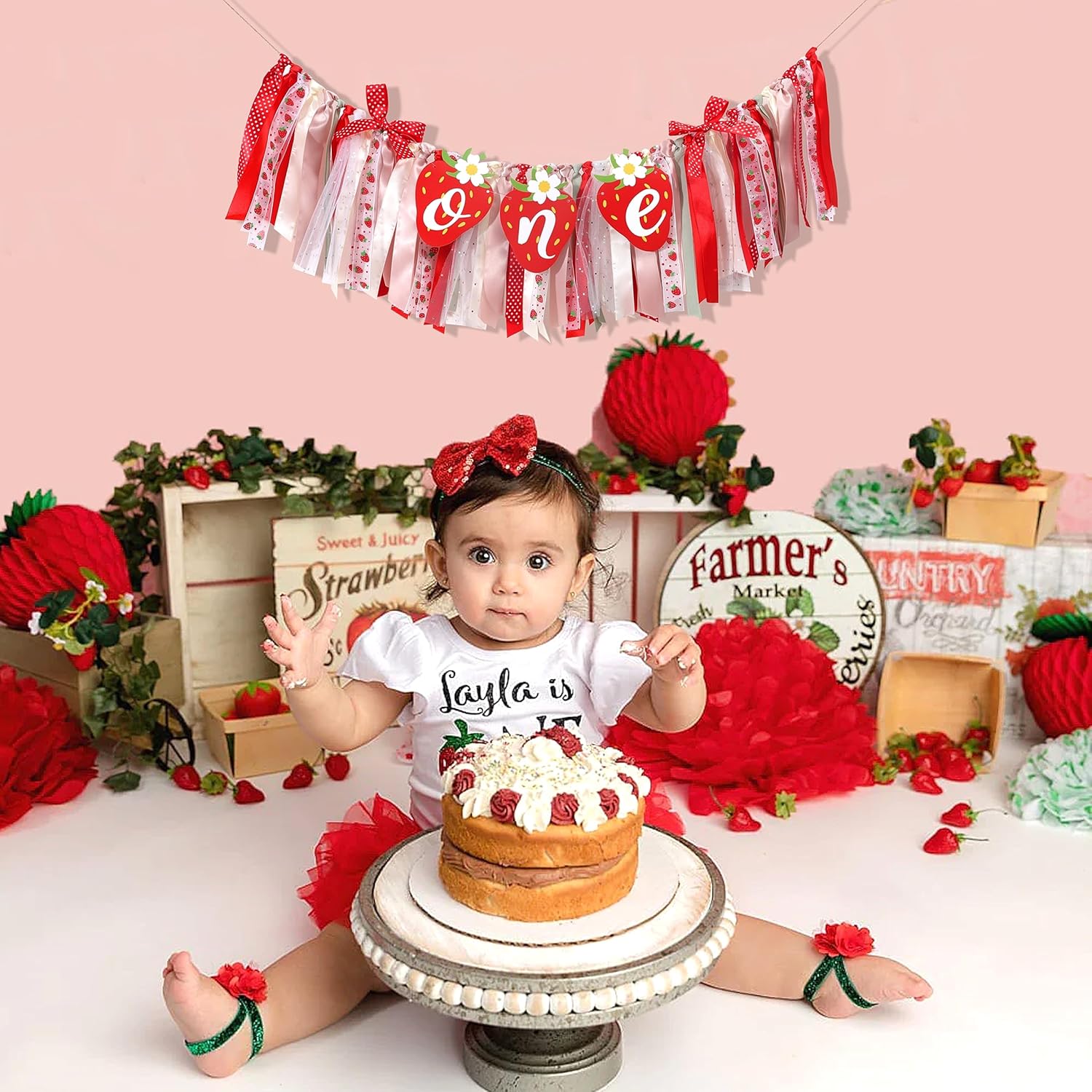 Cartel para silla alta de primer o primer cumpleaños de fresa, decoración de fiesta de primer cumpleaños de bayas, pancarta para silla alta Sweet