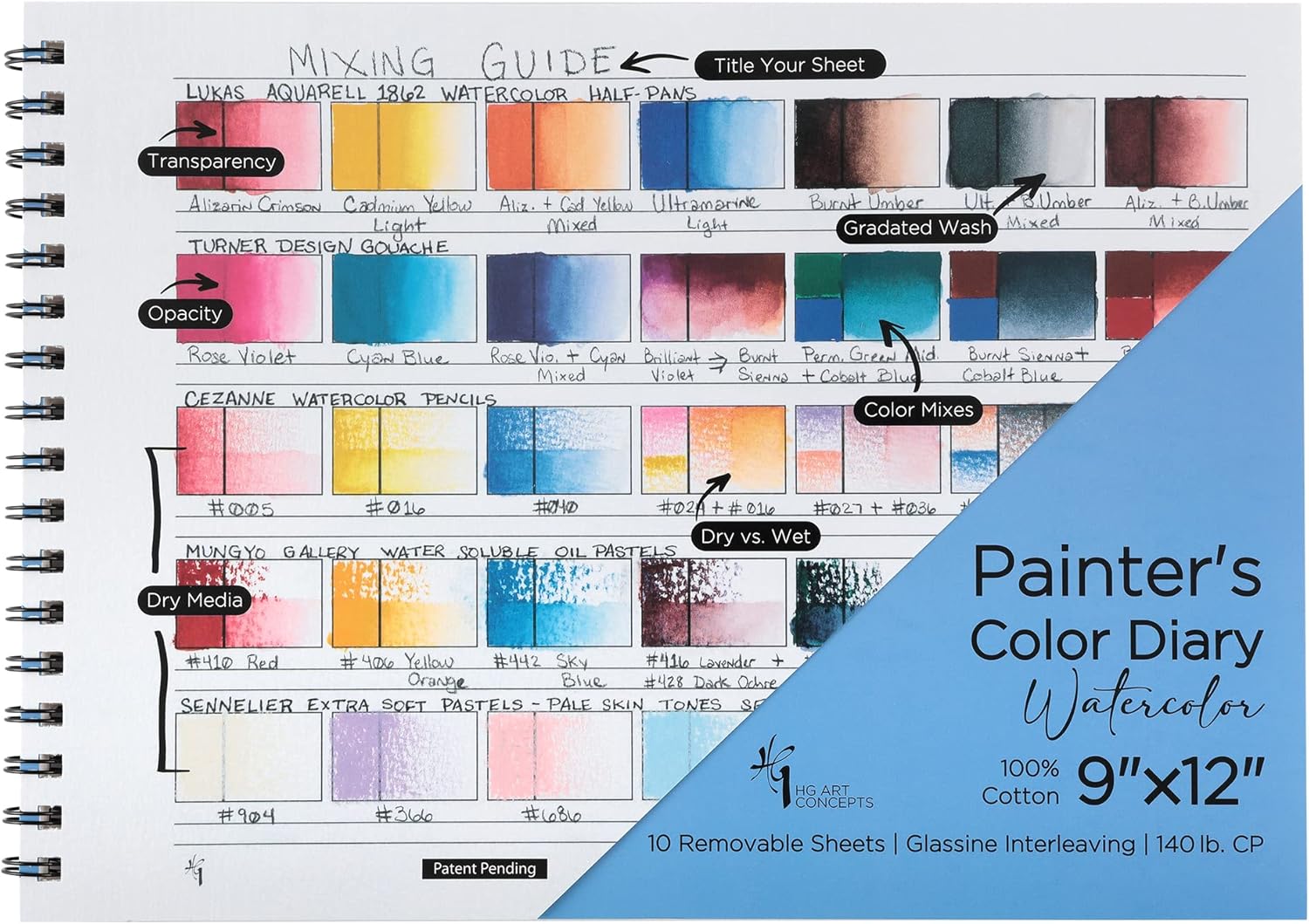 HG Art Concepts Painters – Agenda de colores  9 x 12 pulgadas, 140 libras, libro de muestras de color sin ácidos con 10 páginas para acuarela y