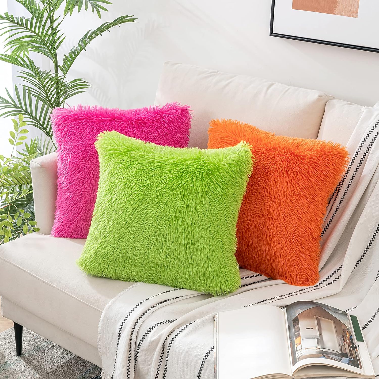 Woaboy Paquete de 2 fundas de almohada de piel sintética de lujo, decorativas, suaves y esponjosas, fundas de cojín cuadradas para sala de estar,