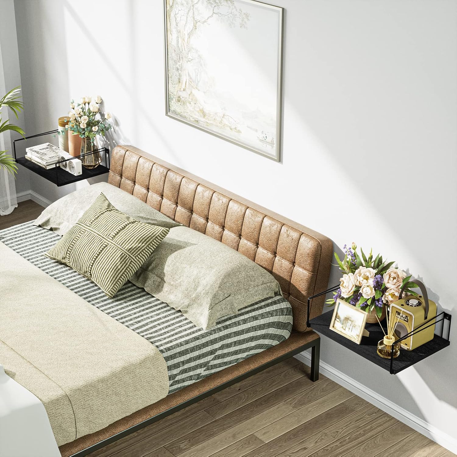 SRIWATANA Estantes flotantes anchos, juego de 2 estantes de pared de madera rústica, estantes montados en la pared con gran capacidad para