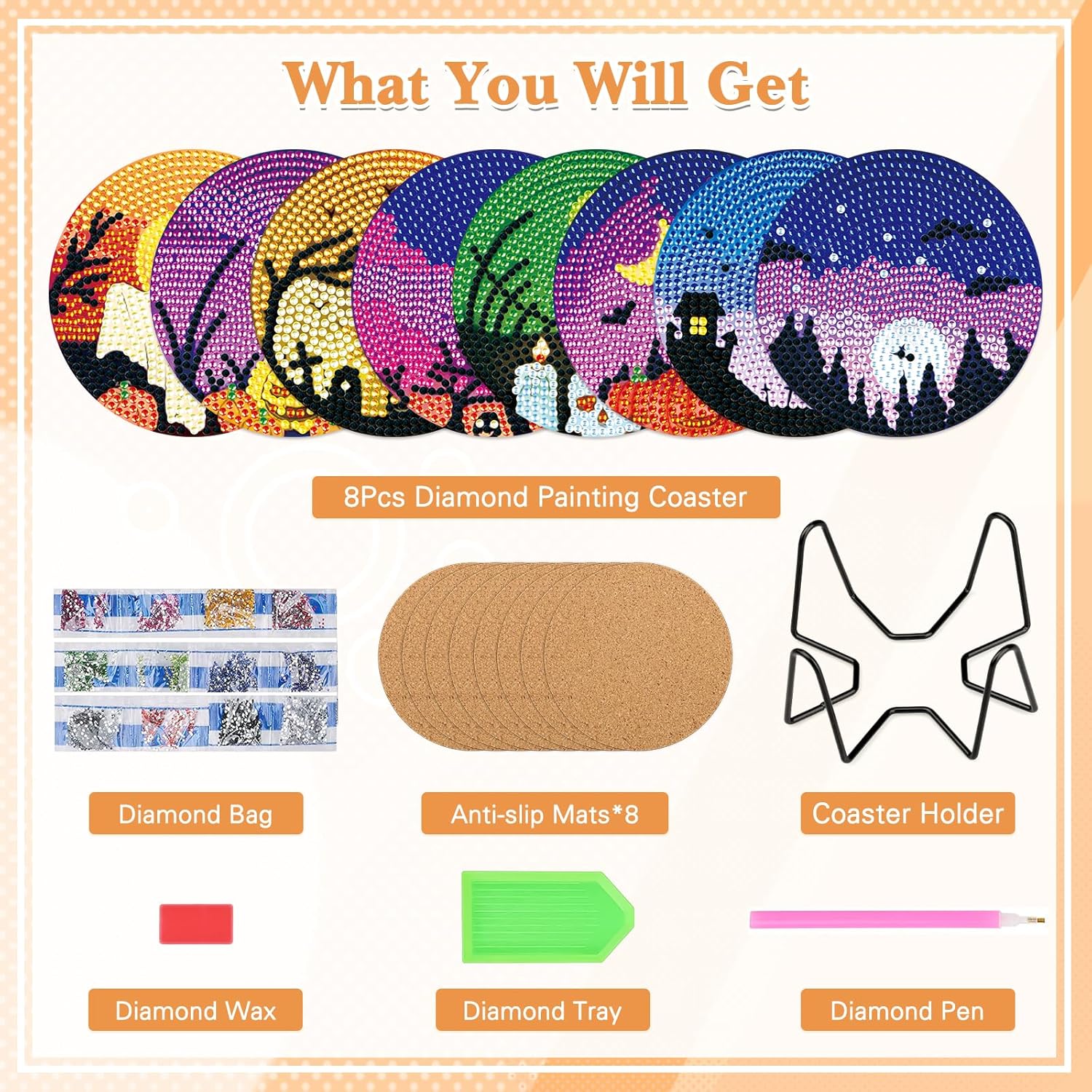 NAIMOER 8 posavasos de pintura de diamantes de Halloween, posavasos de bricolaje con diseño de calavera y diamantes para adultos y niños, posavasos
