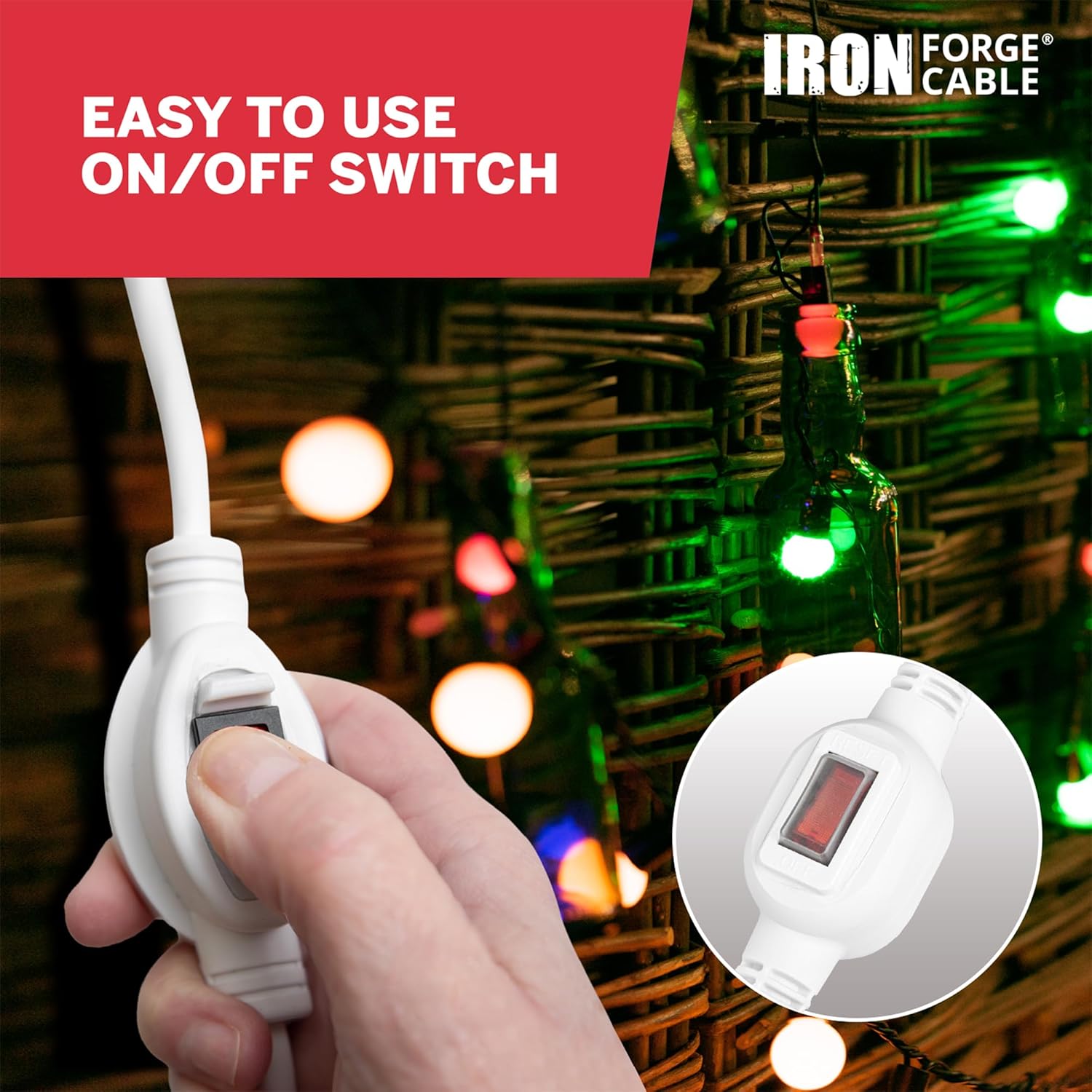 Iron Forge Cable Cable de extensión blanco de 3 pies para exteriores con interruptor en línea impermeable de encendidoapagado, 3 pies 163 SJTW 3