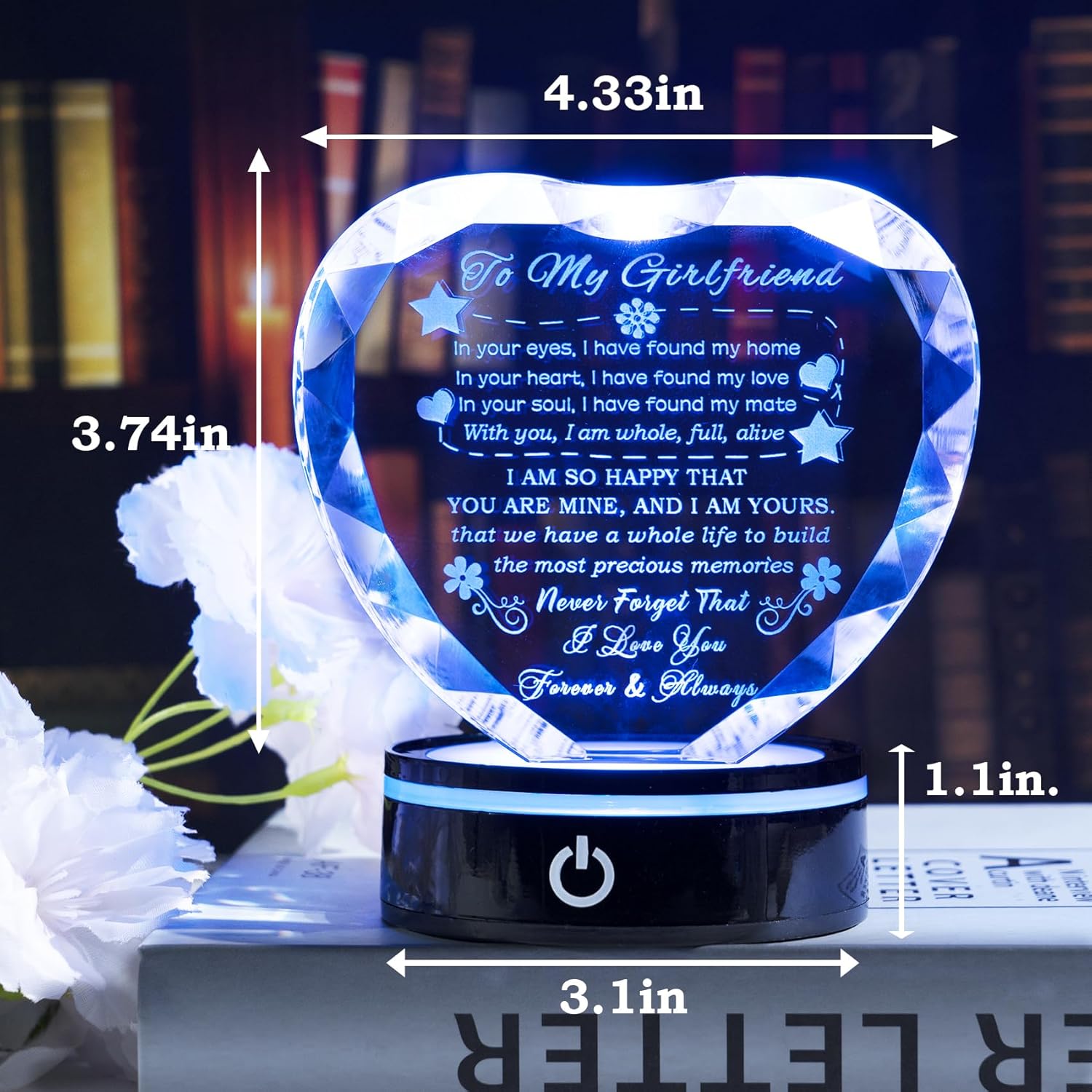 YWHL Regalos para novia, romántico para mi novia, recuerdo de corazón de cristal con base LED colorida para novia, regalos de cumpleaños,