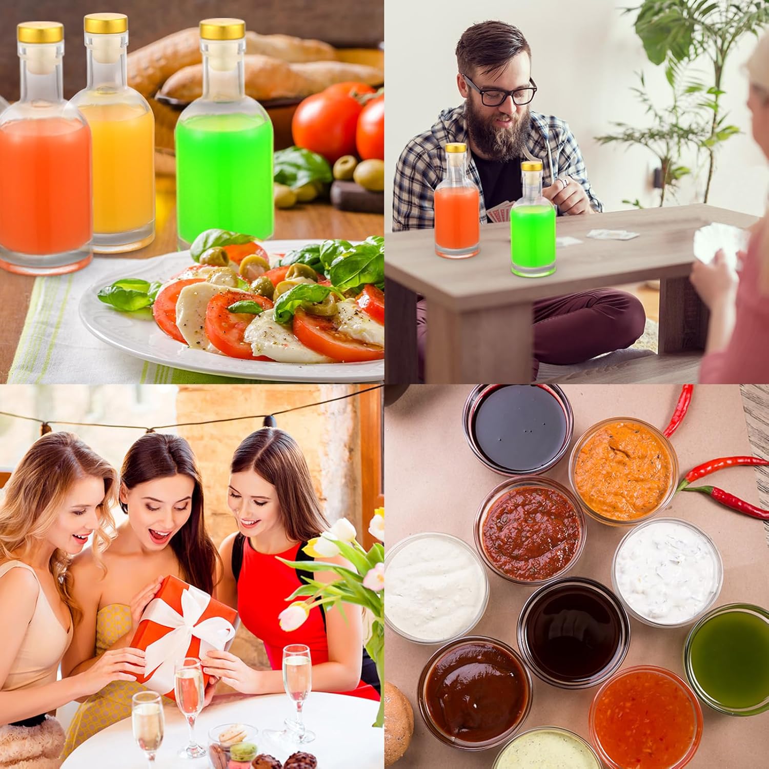 Dandat 24 botellas de vidrio transparente de 3 onzas con tapa hermética en T Top, botellas de vino de 3.4 fl oz, botellas de salsas de fondo pesado,