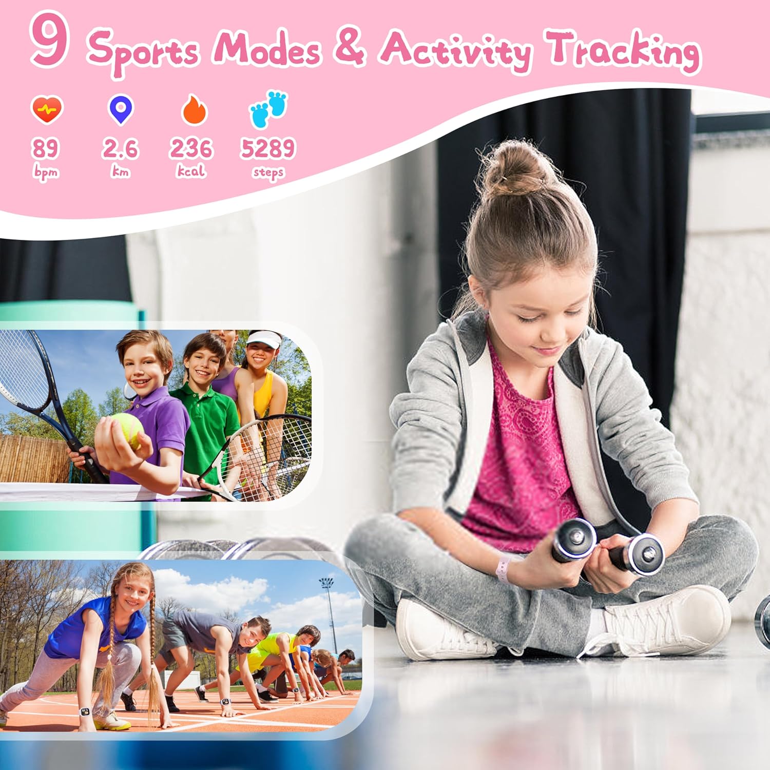 ZOSKVEE Reloj inteligente para niños, IP68 resistente al agua, reloj de fitness con esfera de reloj DIY de 1.4 pulgadas, monitor de frecuencia