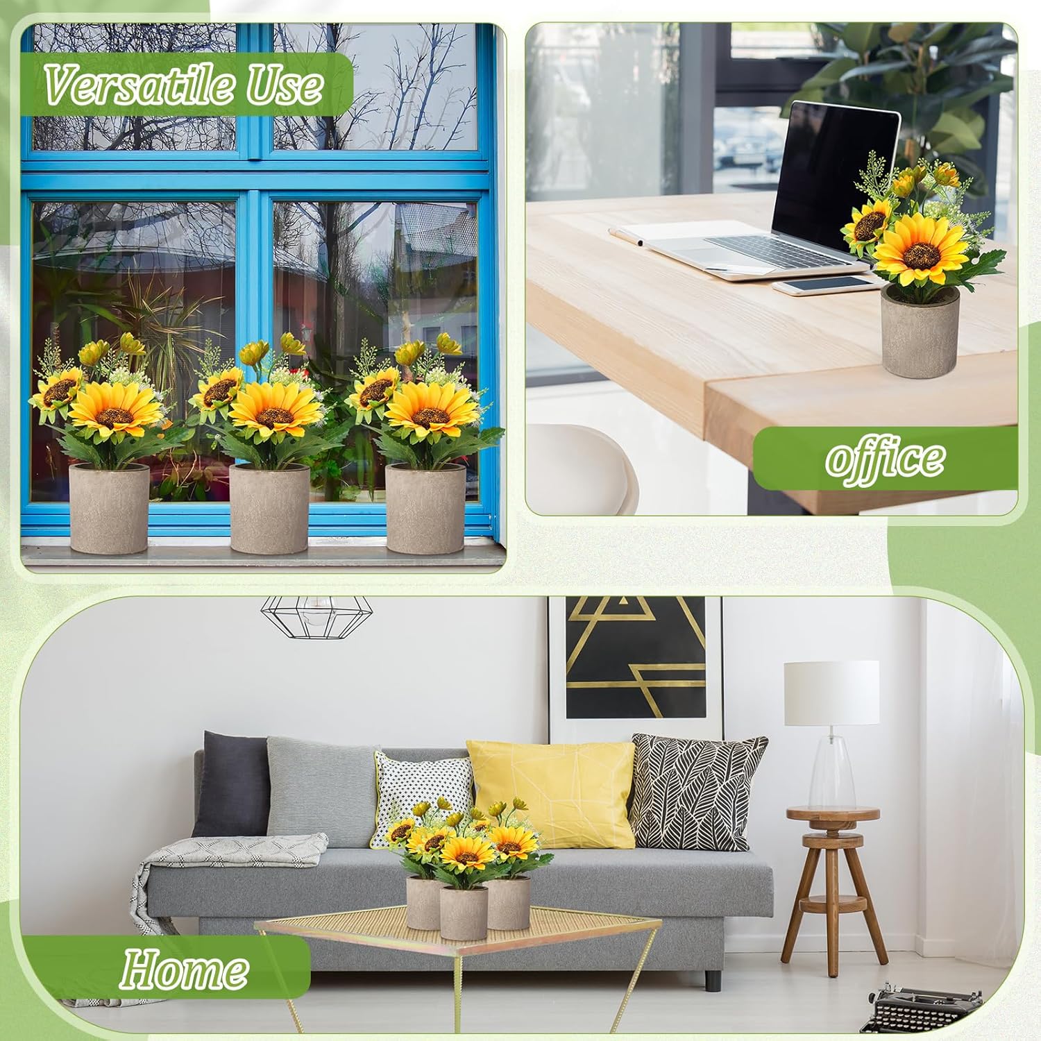 16 girasoles artificiales amarillos falsos en macetas, girasoles, flores artificiales, centros de mesa para mesas, girasoles, plantas en maceta para