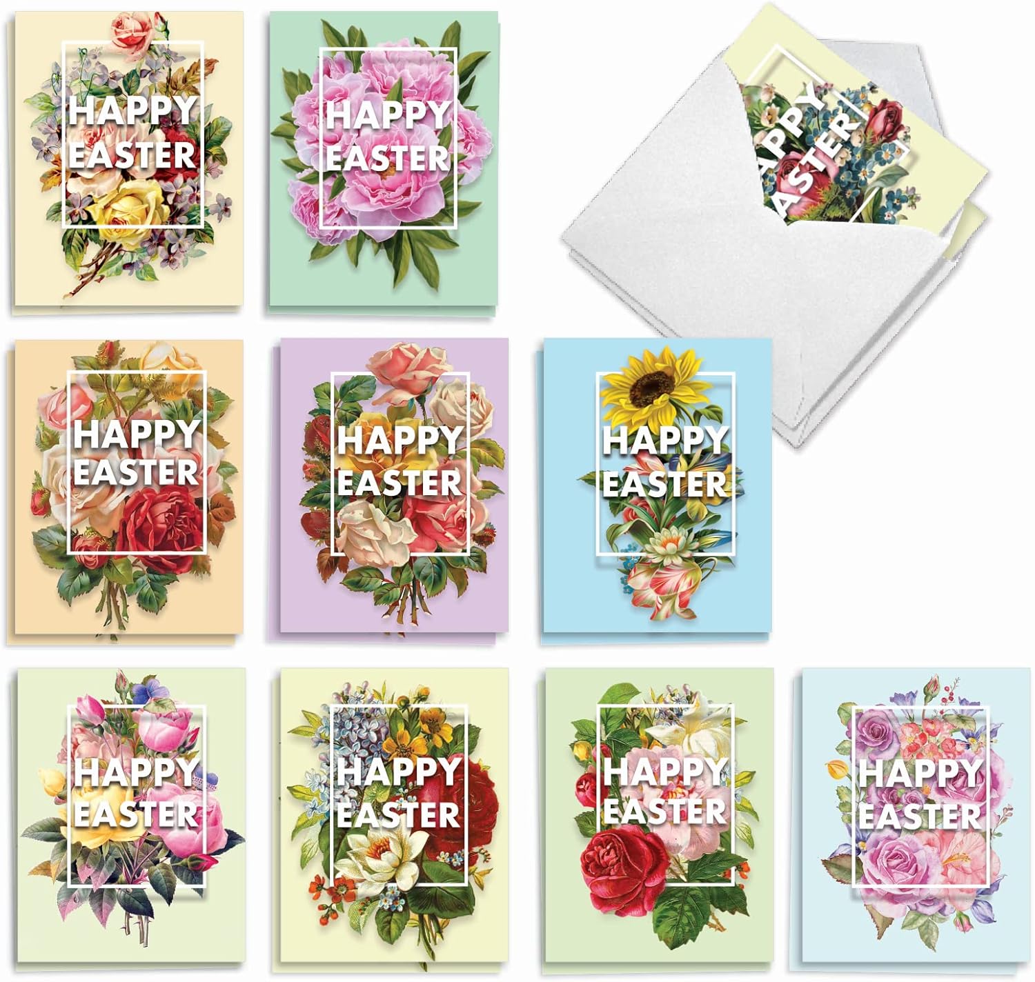The Best Card Company Juego de 20 tarjetas de Pascua en blanco surtidas de 4 x 5.12 pulgadas con sobres (10 diseños, 2 de cada uno) flores para