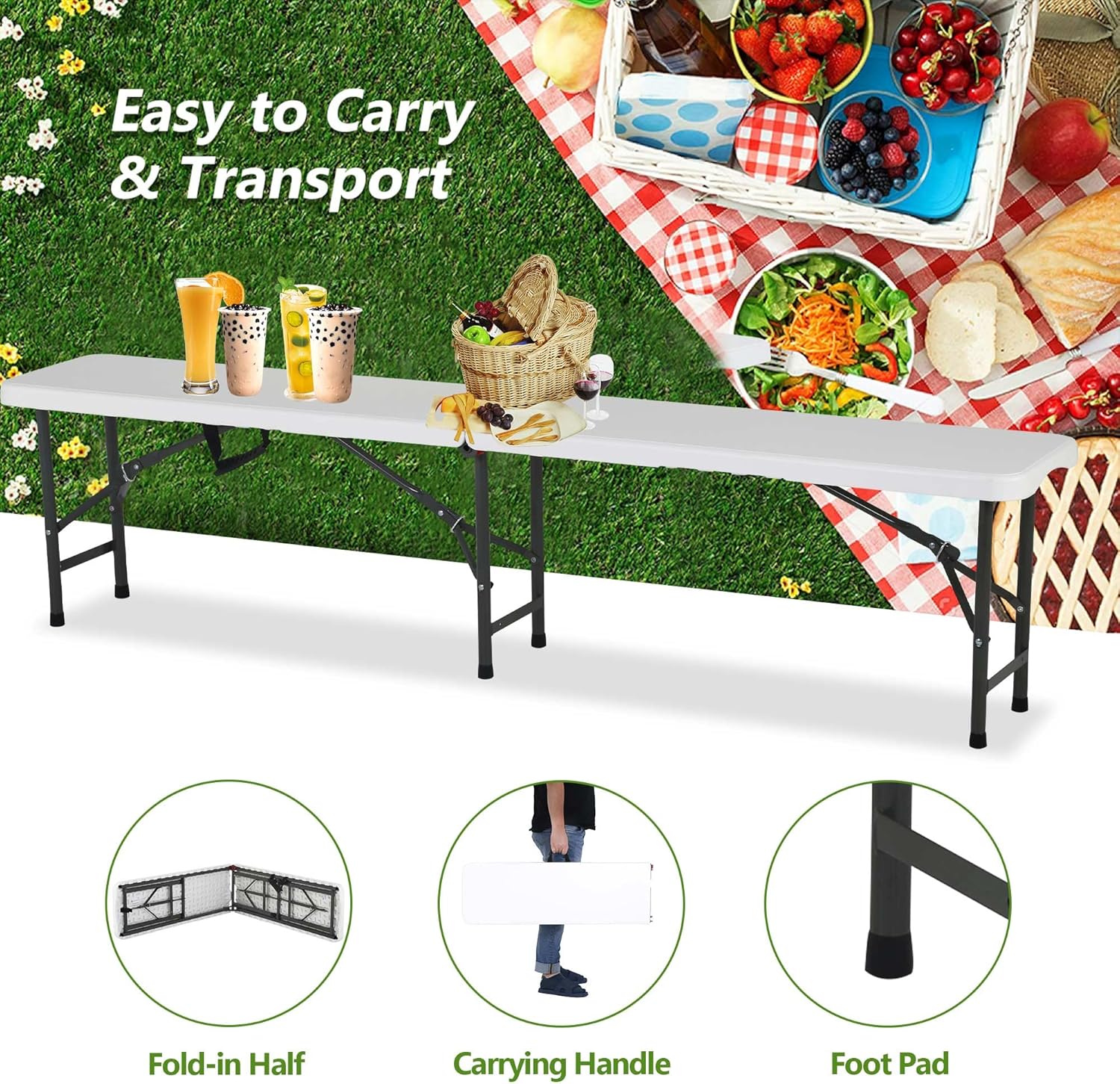 Mesas plegables de 6 pies para exteriores, mesa de picnic portátil plegable, mesas de fiesta ligeras, banco plegable de 6 pies, banco de campamento