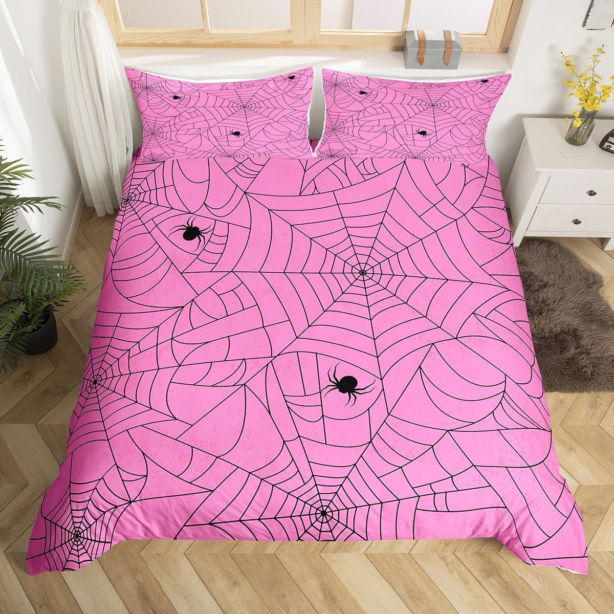 Feelyou Juego de funda de edredón rosa de Halloween, tamaño King, juego de ropa de cama de tela de araña para niños y niñas, juego de funda de