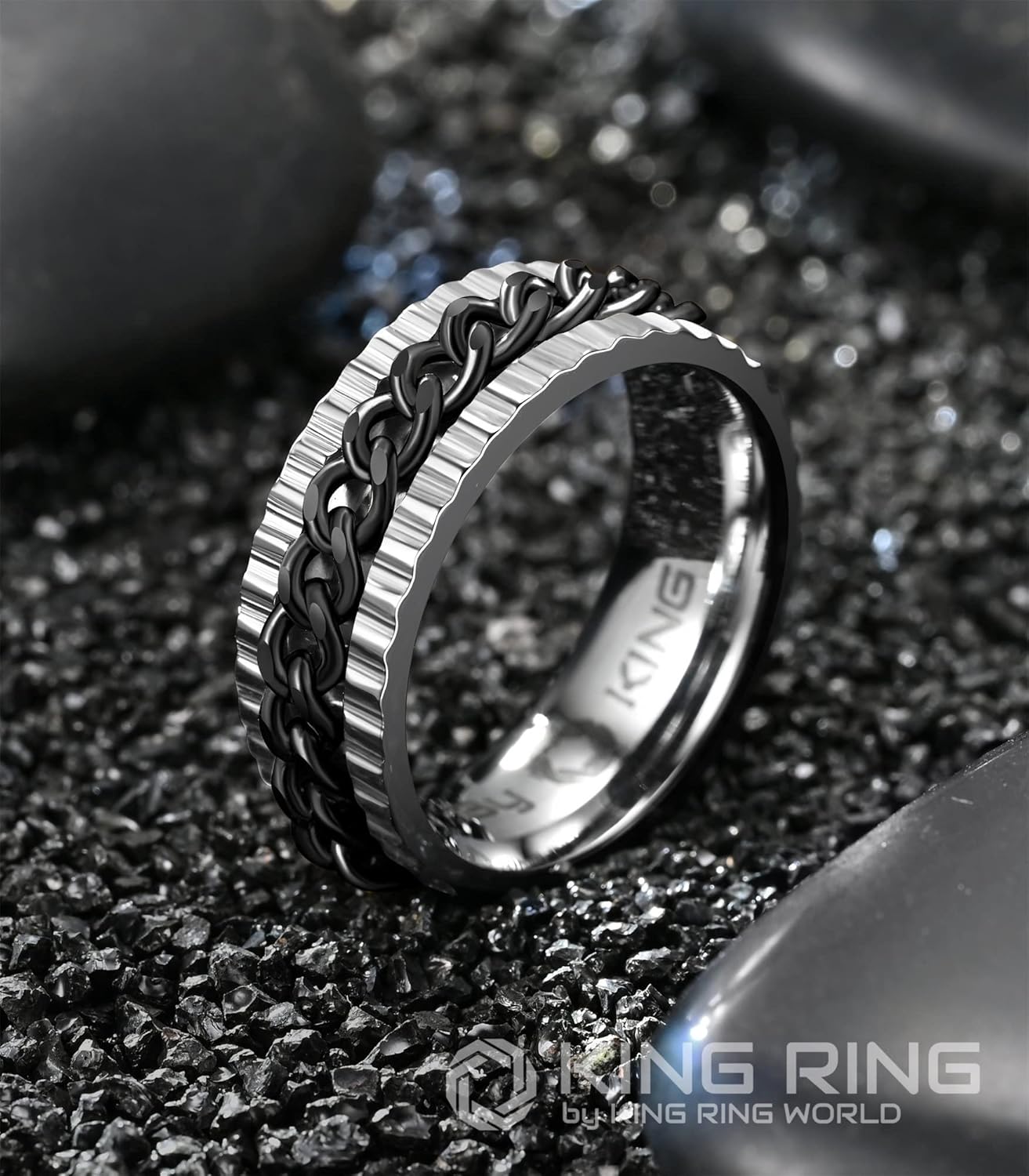 King Ring 8mm Sonic Fidget Ring  K14 Stainless Steel Curban Chain Spinner Ring for Men & Women  Designed in USA