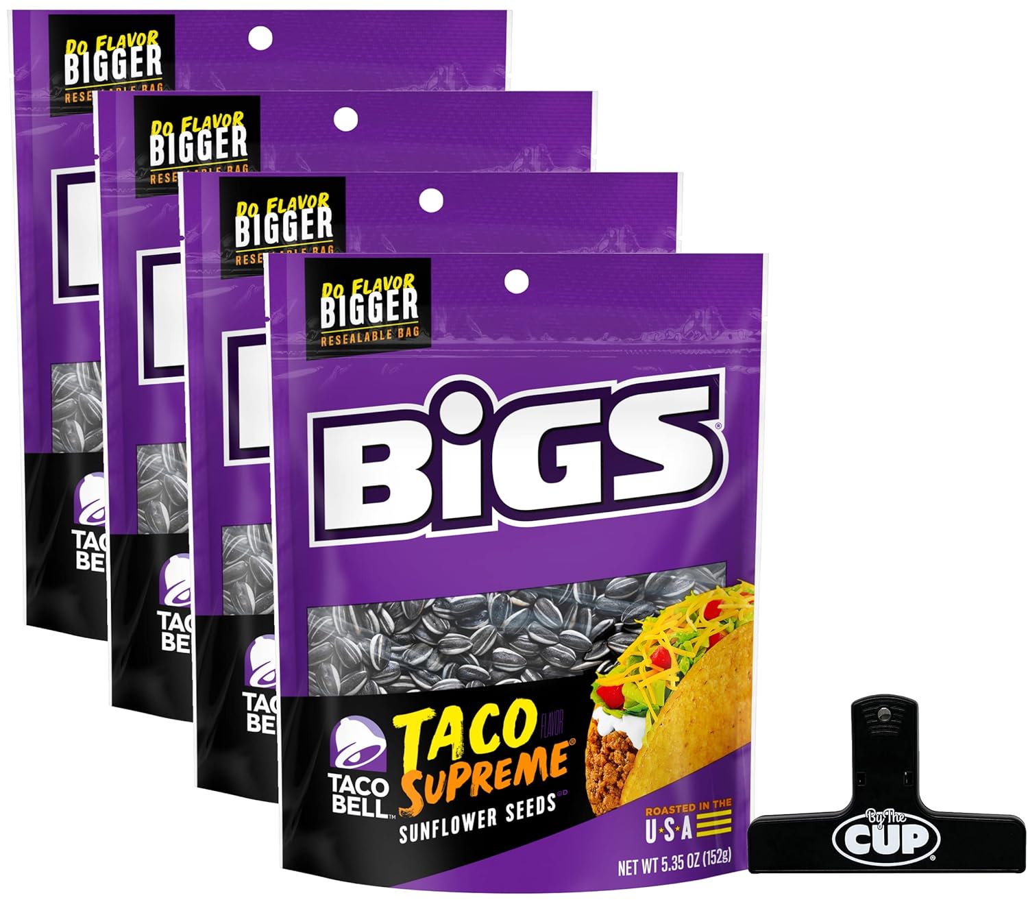 Taco Bell Taco Supreme – Semillas de girasol de BIGS, 5.35 onzas (paquete de 4) con clip para bolsa By The Cup