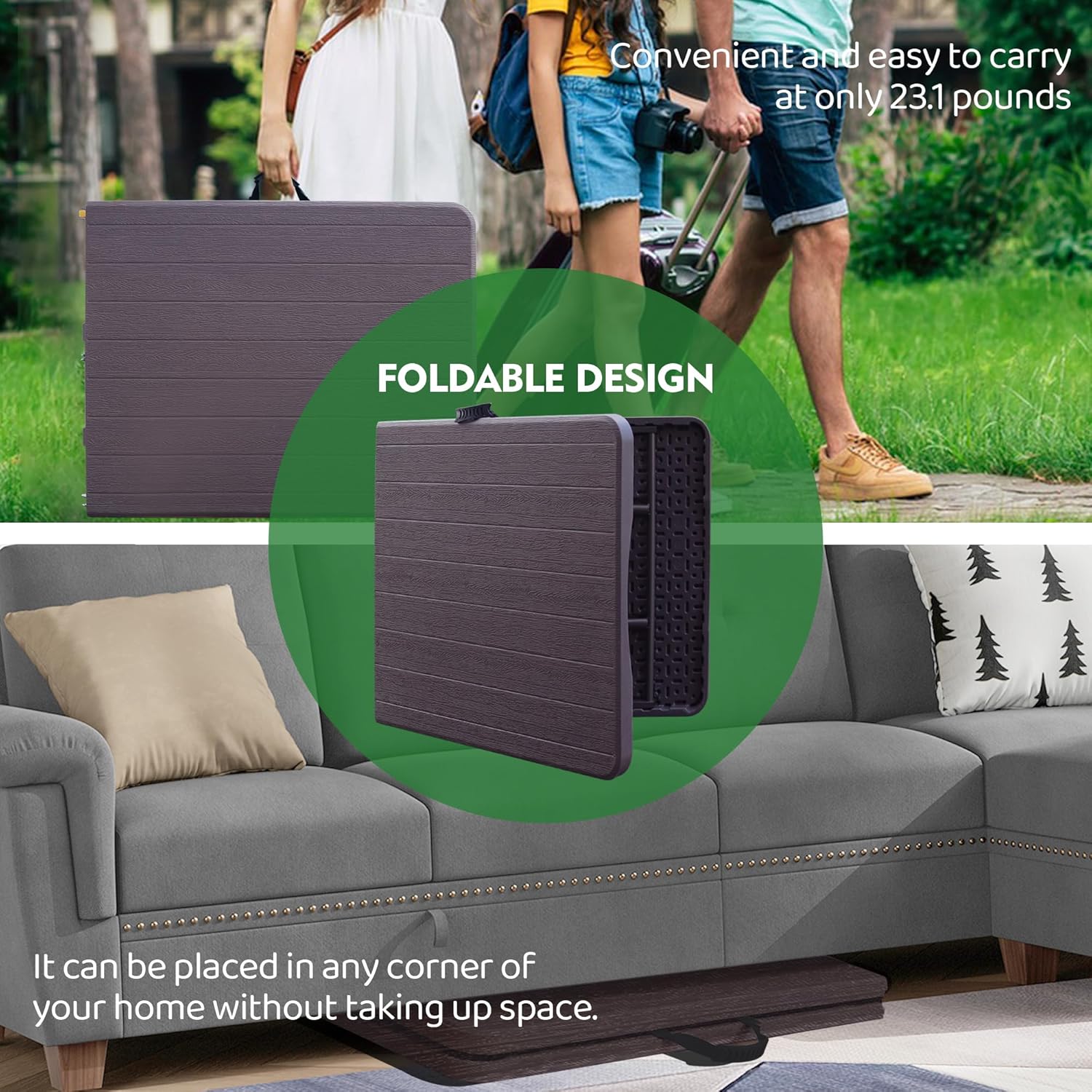 Foldable Table, Plastic 6FT Folding Table, Indoor Outdoor Protable Utility Table with Handle for Party, Camping and Picnic, Brown