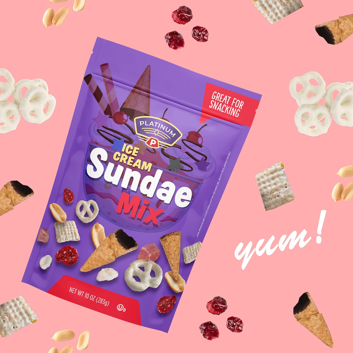 Platinum – Ice Cream Sundae Mix 10 oz  Mezcla de frutos secos y frutas secas con conos de gofres de chocolate, pretzels de yogur, avena, arándanos,
