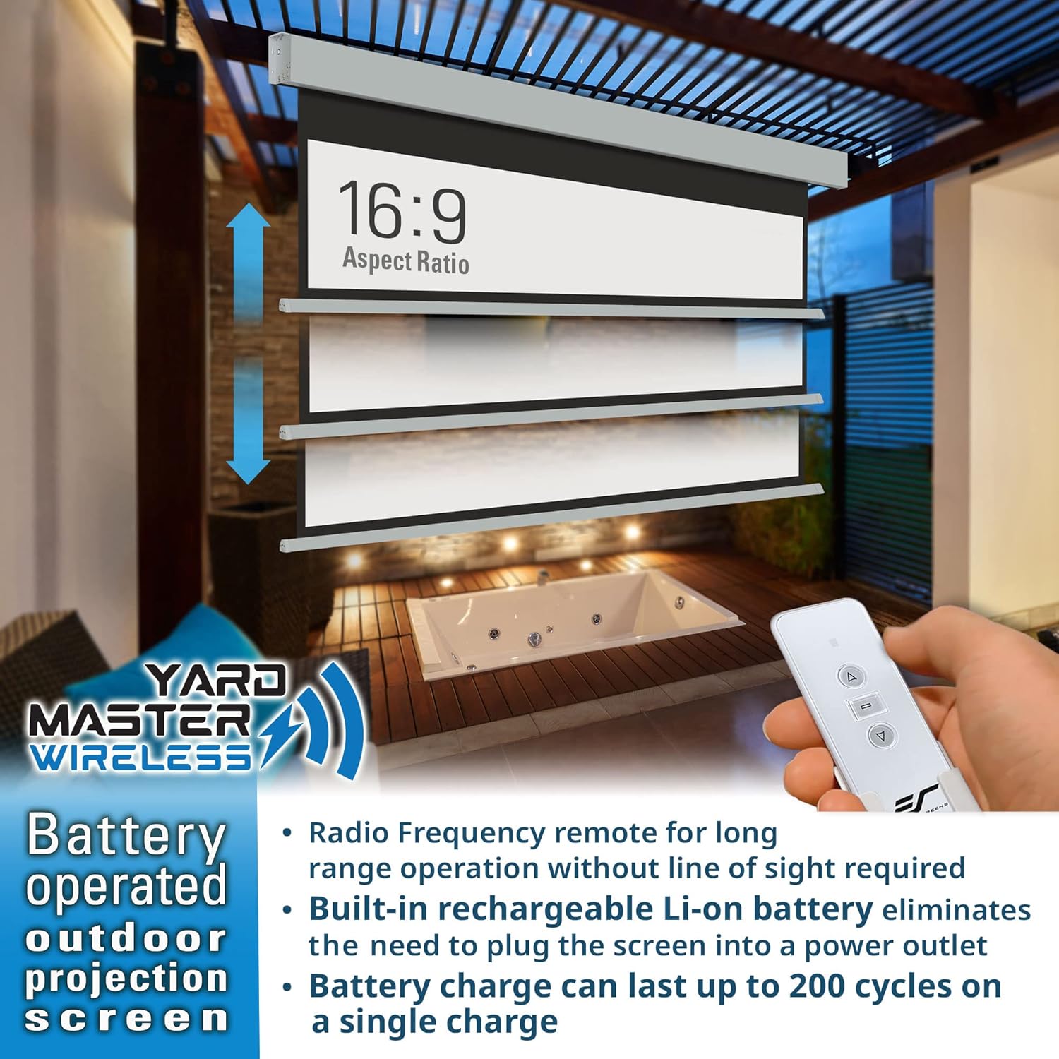 Elite Screens Yard Master Wireless, 125 pulgadas Diag. Pantalla de proyector motorizada para exteriores 169, batería de iones de litio recargable