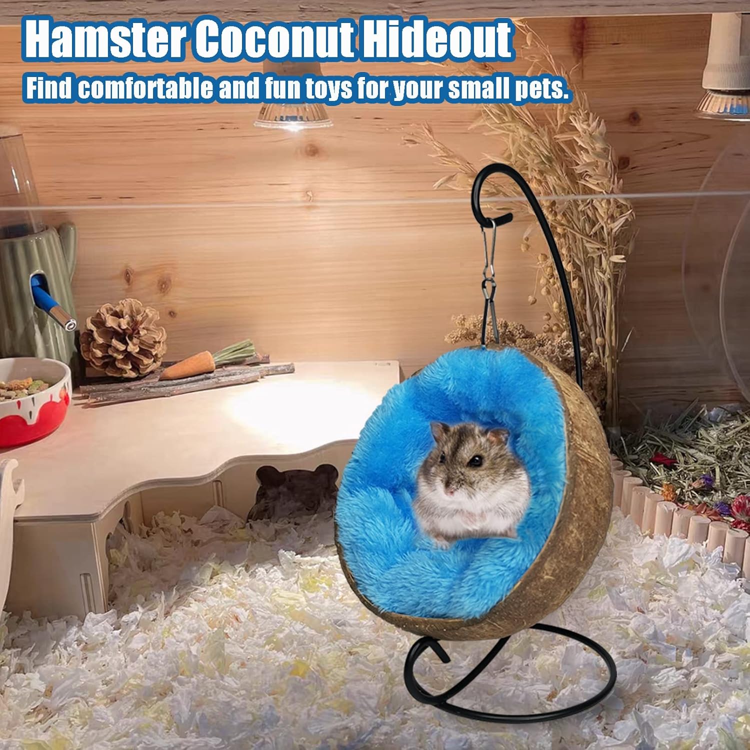 Fhiny Hamaca escondida de hámster de coco, casa de cama de cáscara de coco cruda natural con almohadilla cálida, decoración de hábitat de animales