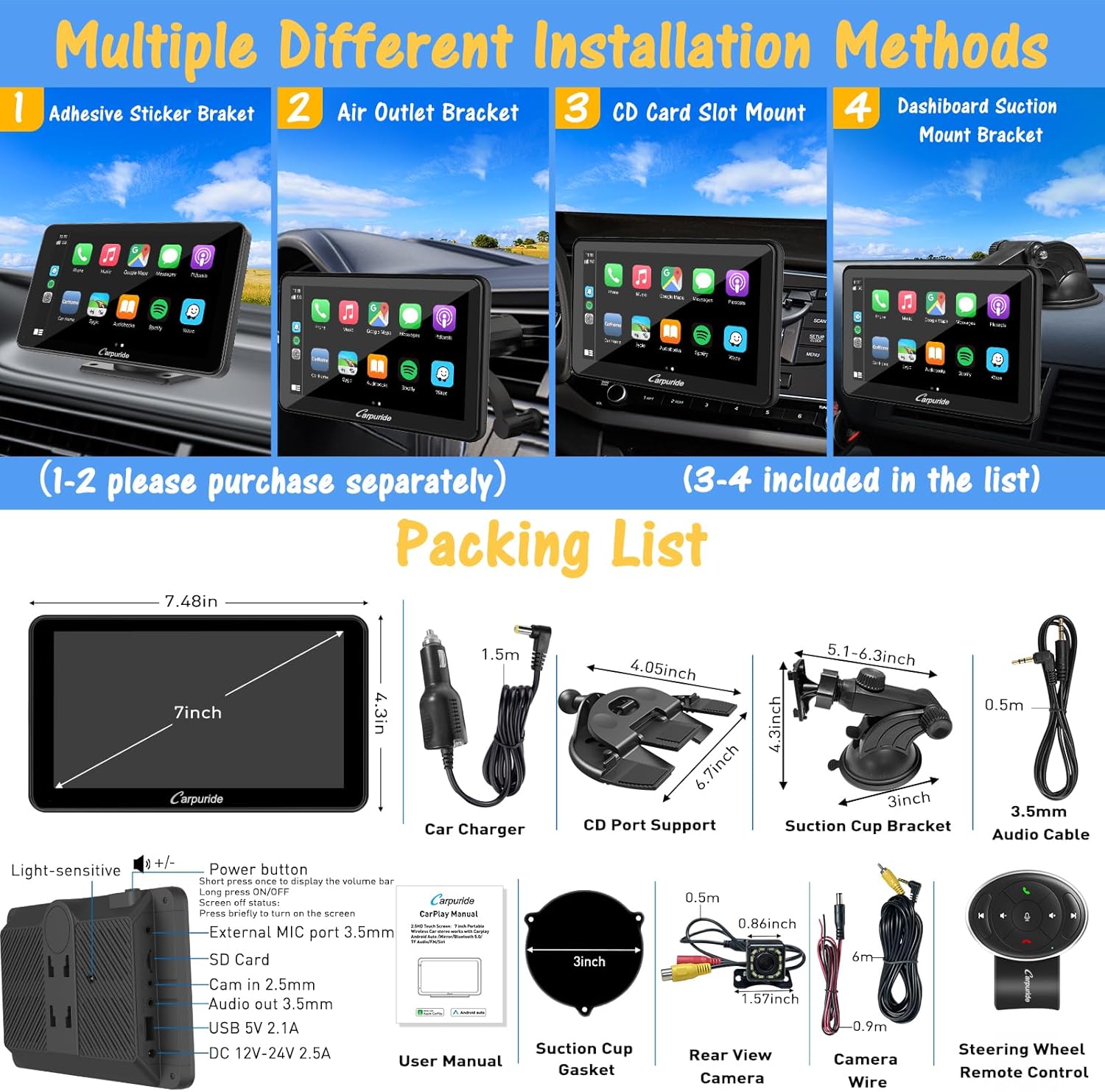 Carpuride w701 Pro portátil BT Stereo, Carplay inalámbrico y Android Auto con cámara de respaldo, Bluetooth dual, enlace espejoGPSSiriFM, soporte